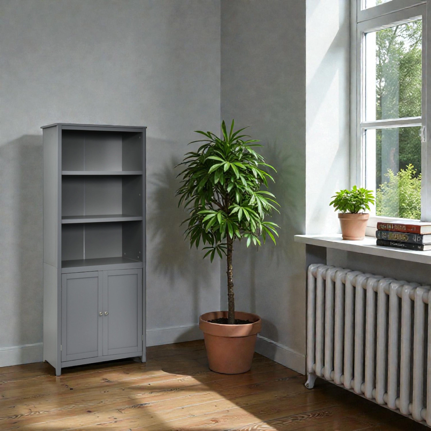 Hivvago Floor Standing Display Shelf With 3 Open Tiers And Dual Door Storage