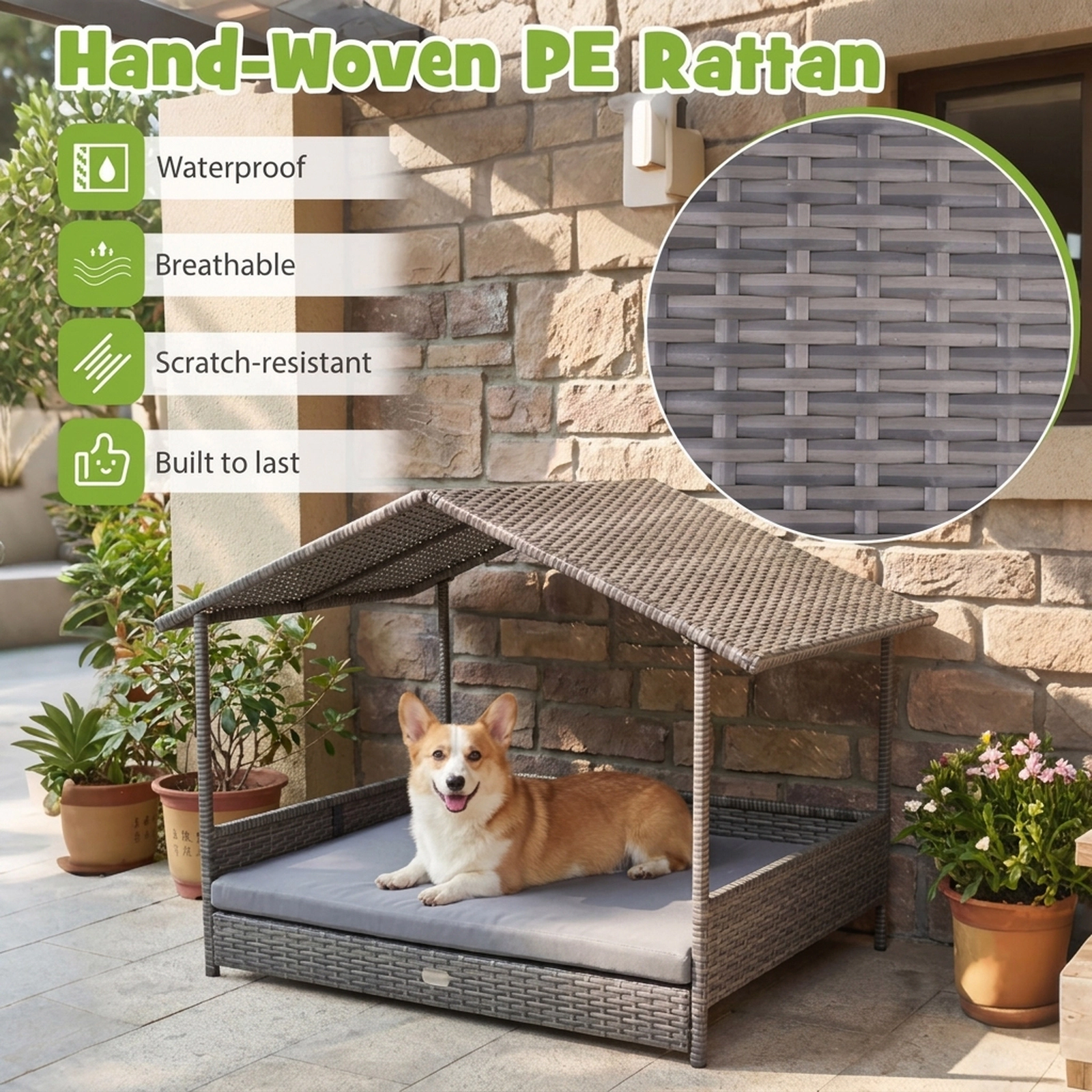 SUGIFT Wicker Dog House Elevated Pet Bed with Roof Canopy 165-lb Capacity Gray