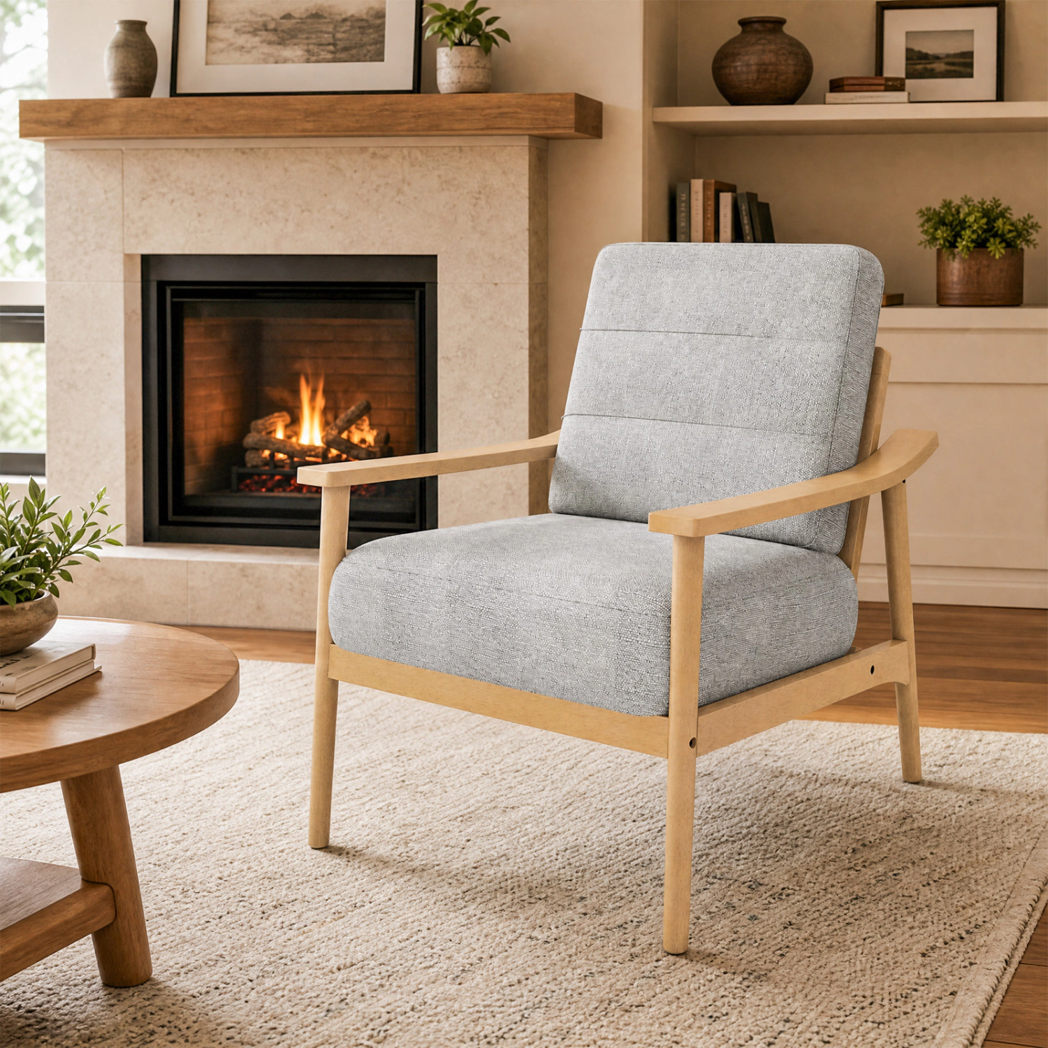 LJG Modern Accent Chair with Rubber Wood Armrests and Legs for Living Room