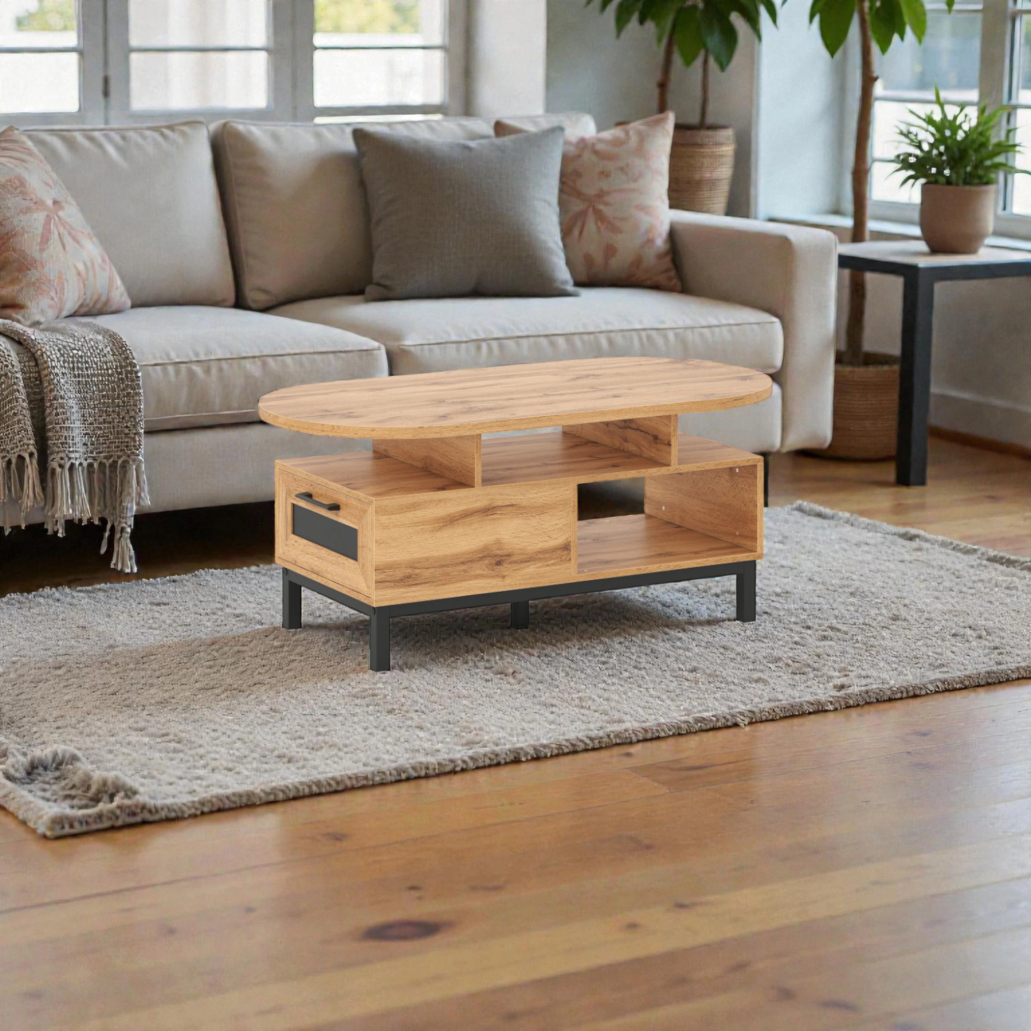 Hivvago Living Room Oval Coffee Table, 47-Inch with Built-In Storage and Shelves