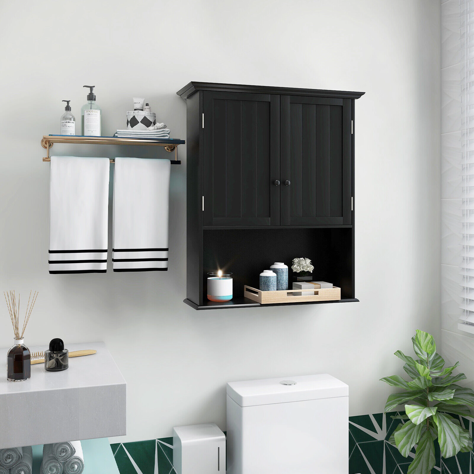 SUGIFT Adjustable 2-Door Wall Mount Bathroom Storage Cabinet with Open Shelf 11-lb Capacity MDF 23.5-in Wide Black