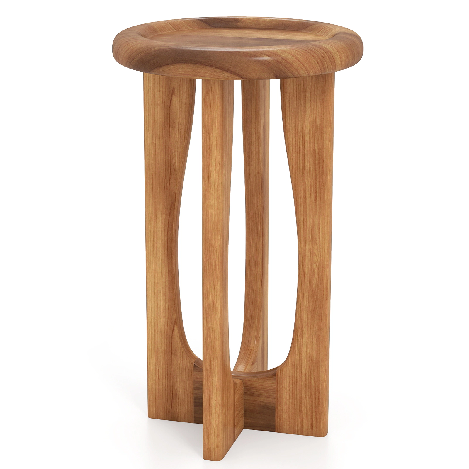 SUGIFT 14-in Round Solid Mahogany End Table, Tray Top, Cross Legs, Natural