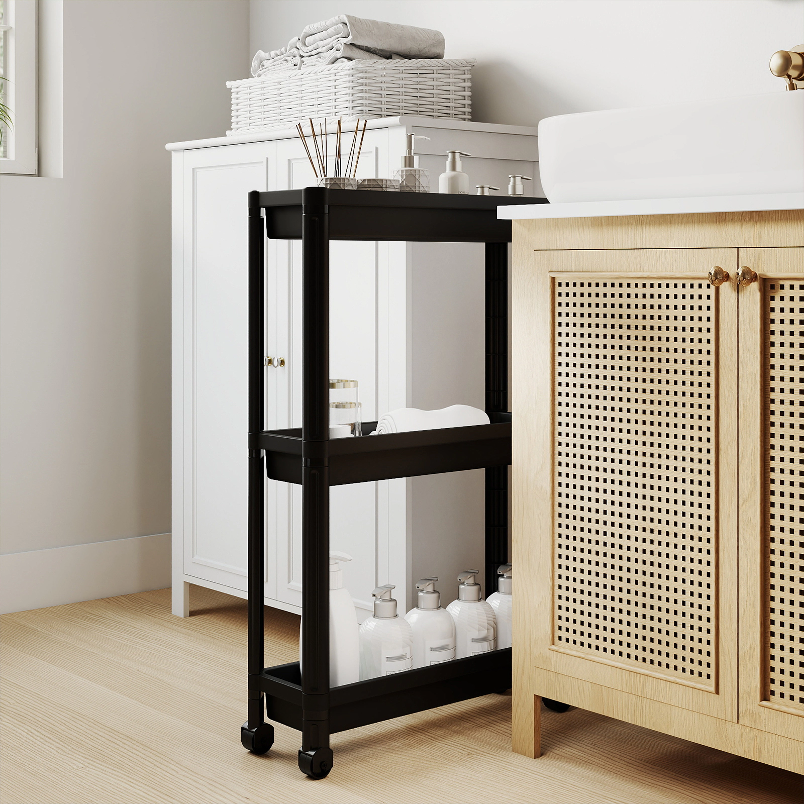 SUGIFT 3-Tier Slim Rolling Storage Cart Black 2-Pack Bathroom Organizer with Wheels