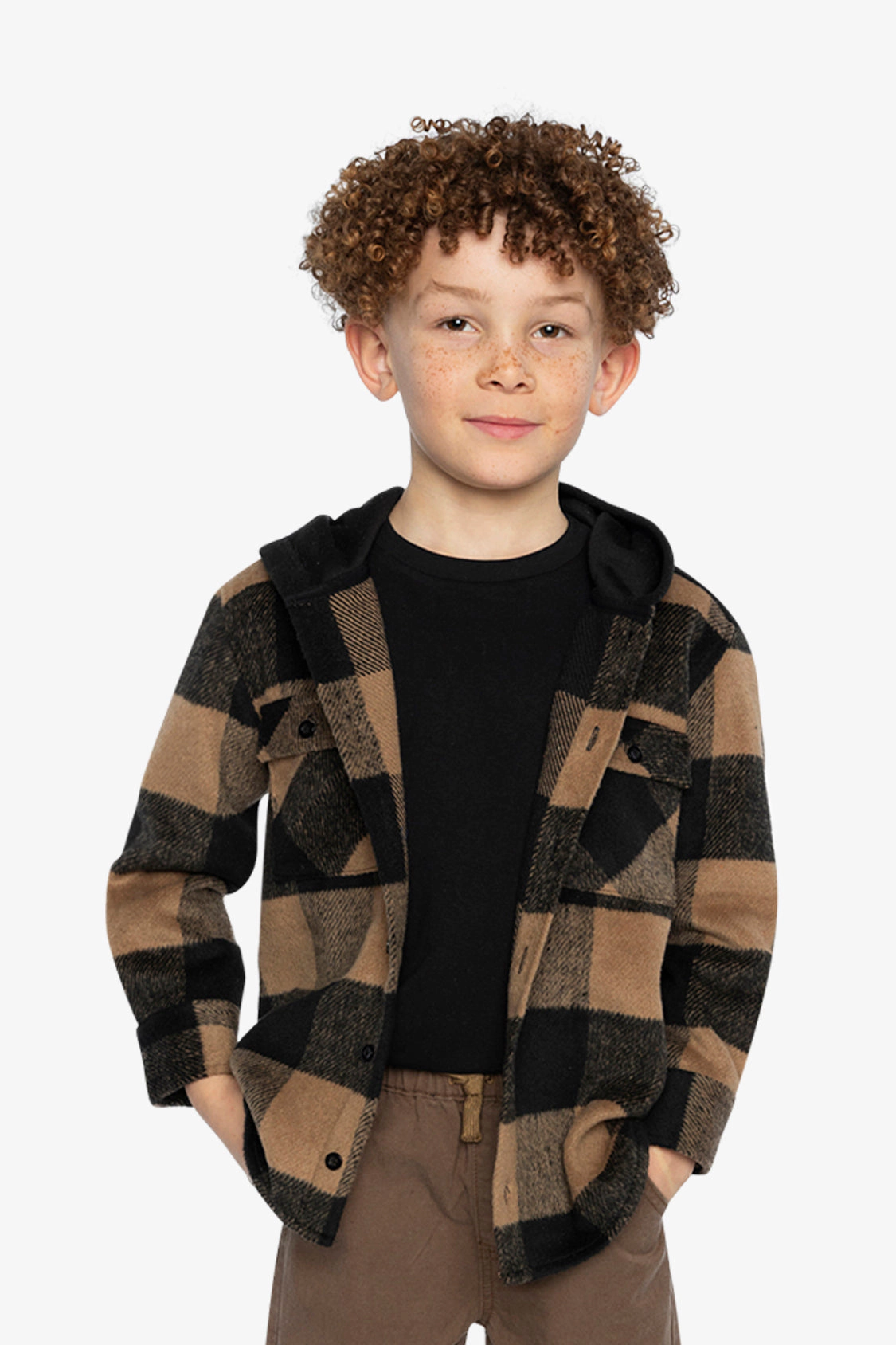 Deux par Boys Plaid Flannel Button Front Shirt with Fleece Hood and Chest Pockets