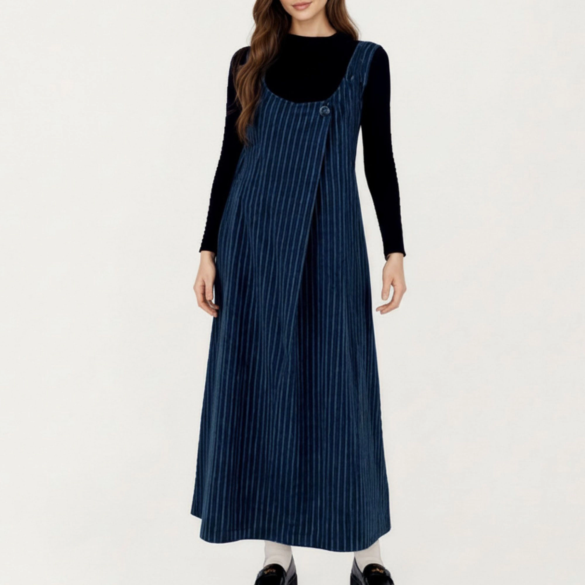 Anna-Kaci Women's Sleeveless Pinstripe Scoop Neck Asymmetrical Button Front Maxi Dress