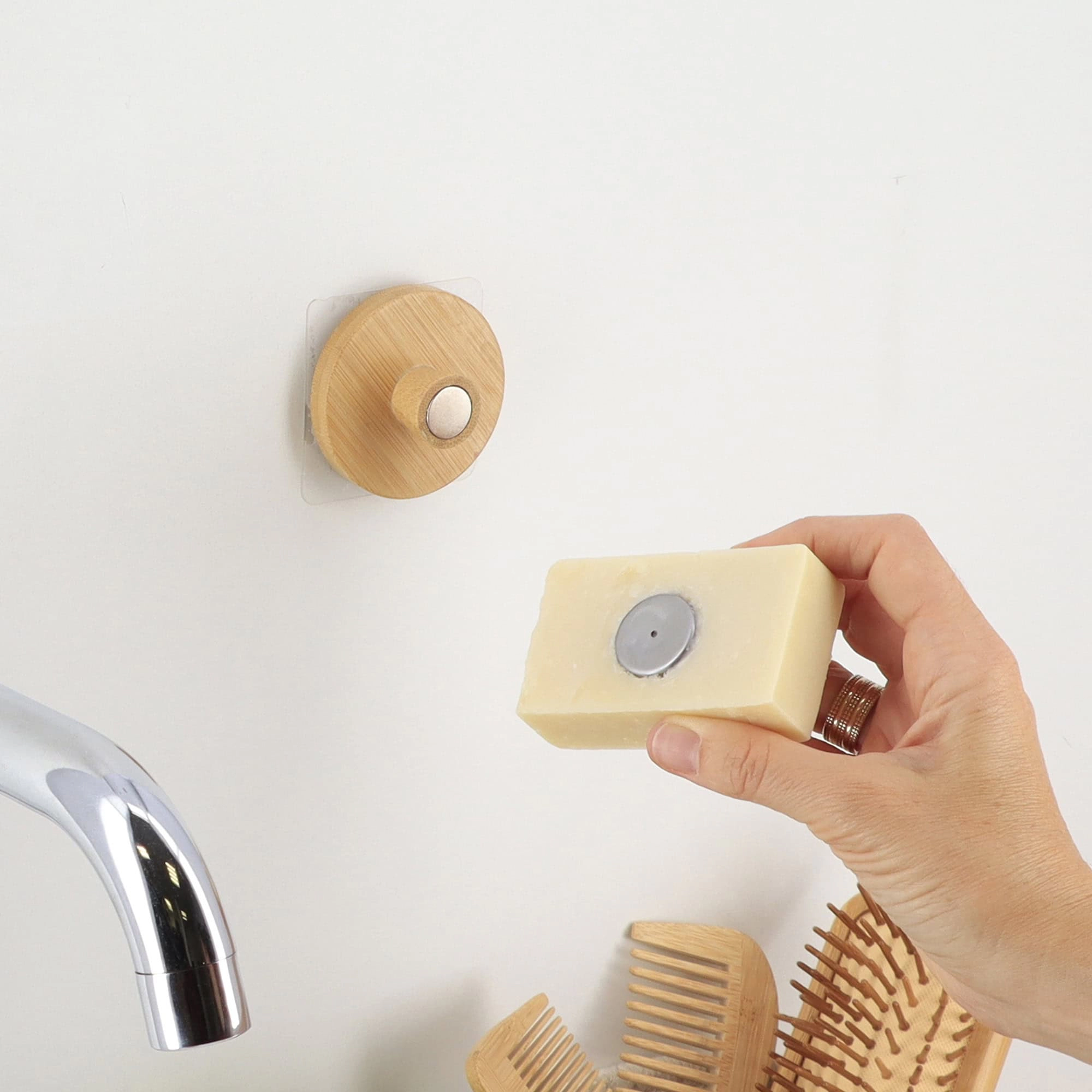 Evideco Bamboo Magnetic Wall-Mounted Soap Holder, Adhesive No-Drill Set