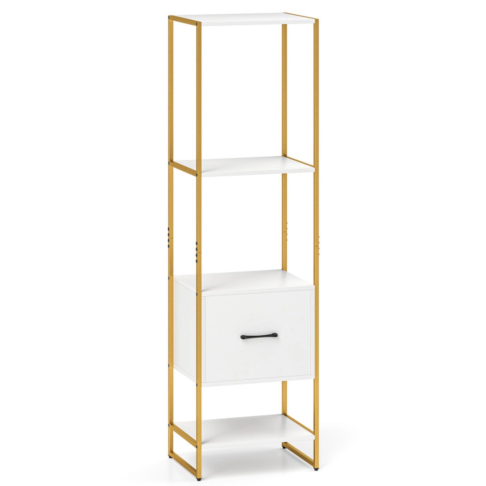 SUGIFT White 5-Tier Narrow Bookcase 62.5 in with 4 Open Shelves and Storage Drawer