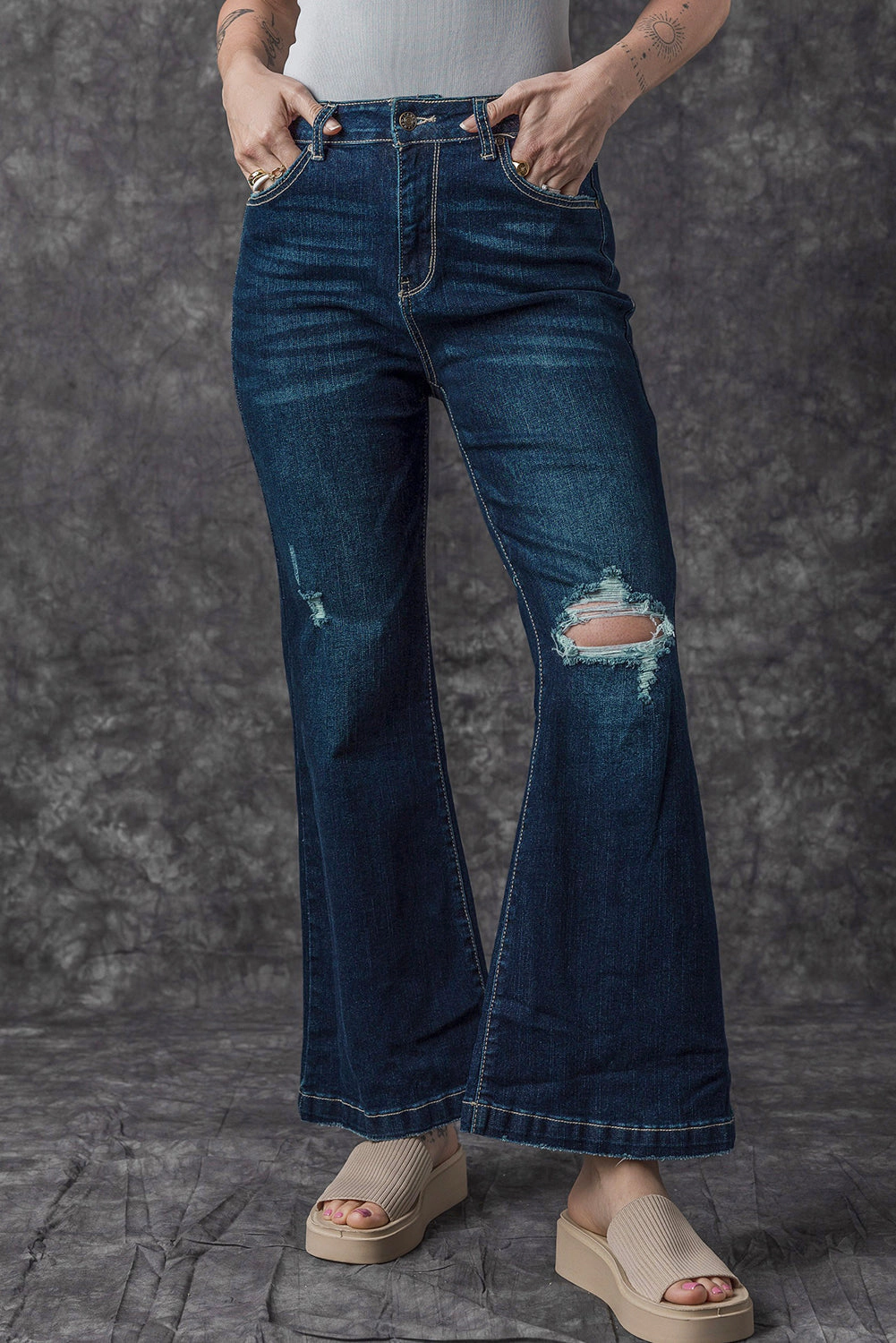Threaded Pear Women's Khloe High Rise Ripped Bell Bottom Jeans