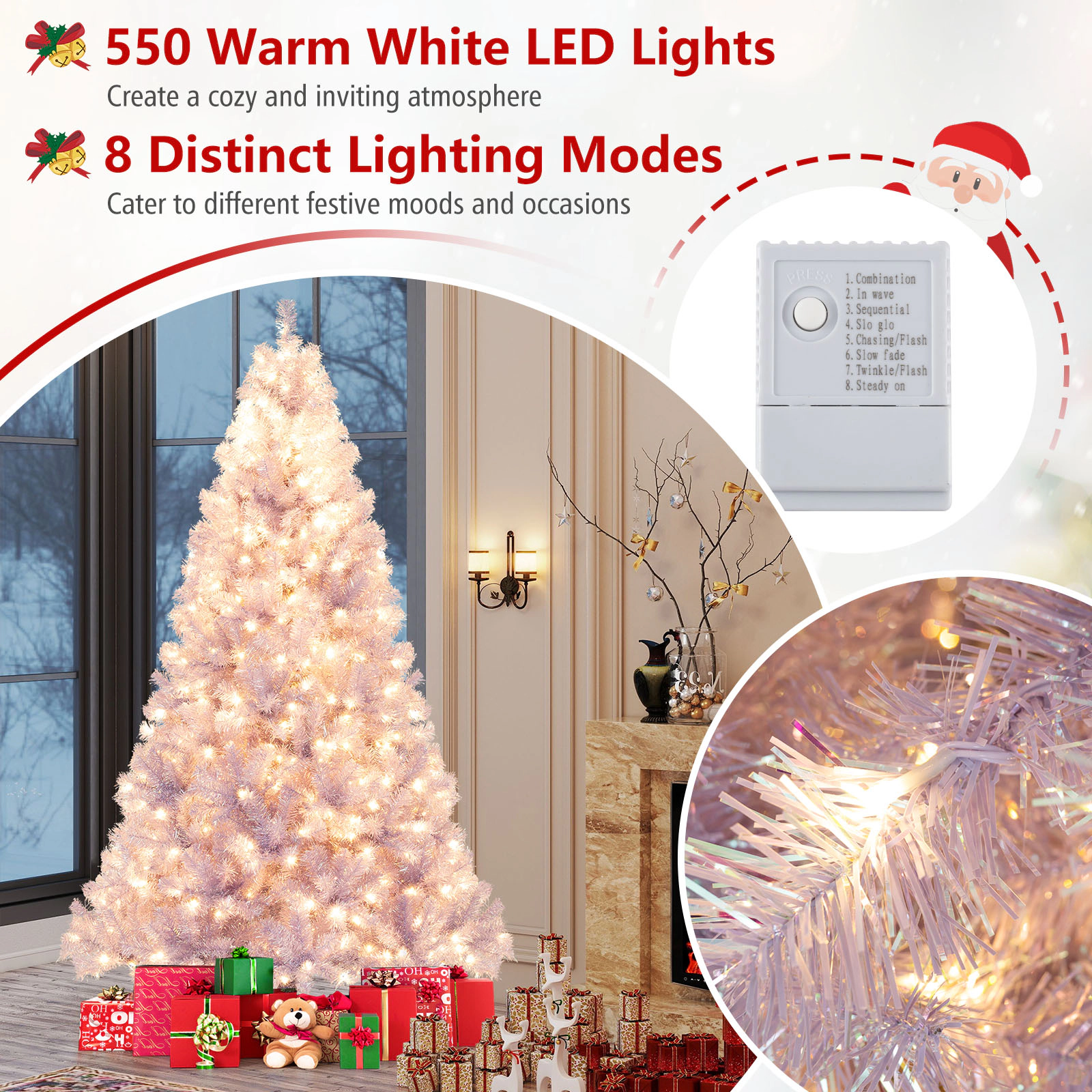 SUGIFT White Pre-Lit Tinsel Artificial Christmas Tree with 1300 Branch Tips 550 Warm White LEDs and 8 Modes