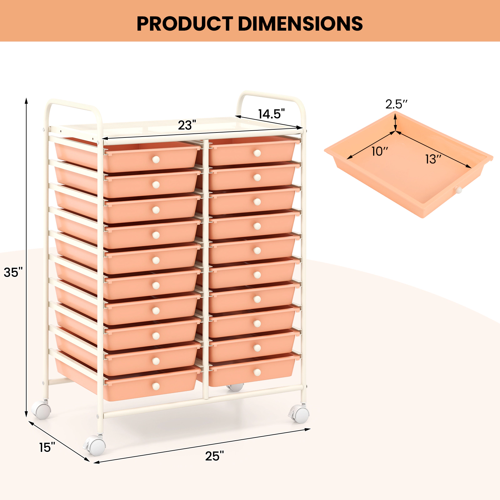 SUGIFT Peach 34-in 20-Drawer Rolling Storage Cart Art Studio Organizer with Removable Trays and Wheels