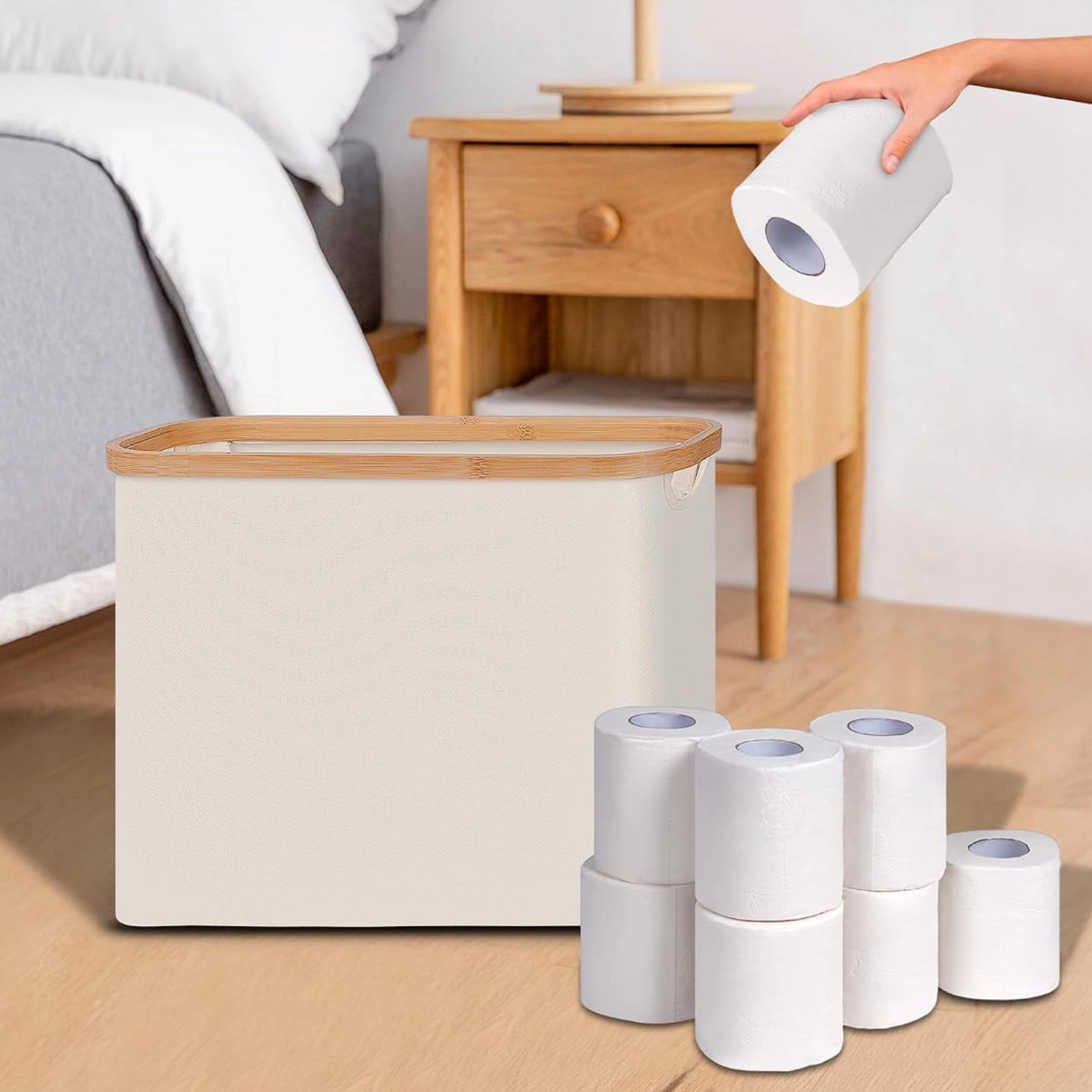 Stock Preferred Toilet Paper Storage Basket with Lid Freestanding Bathroom Organizer