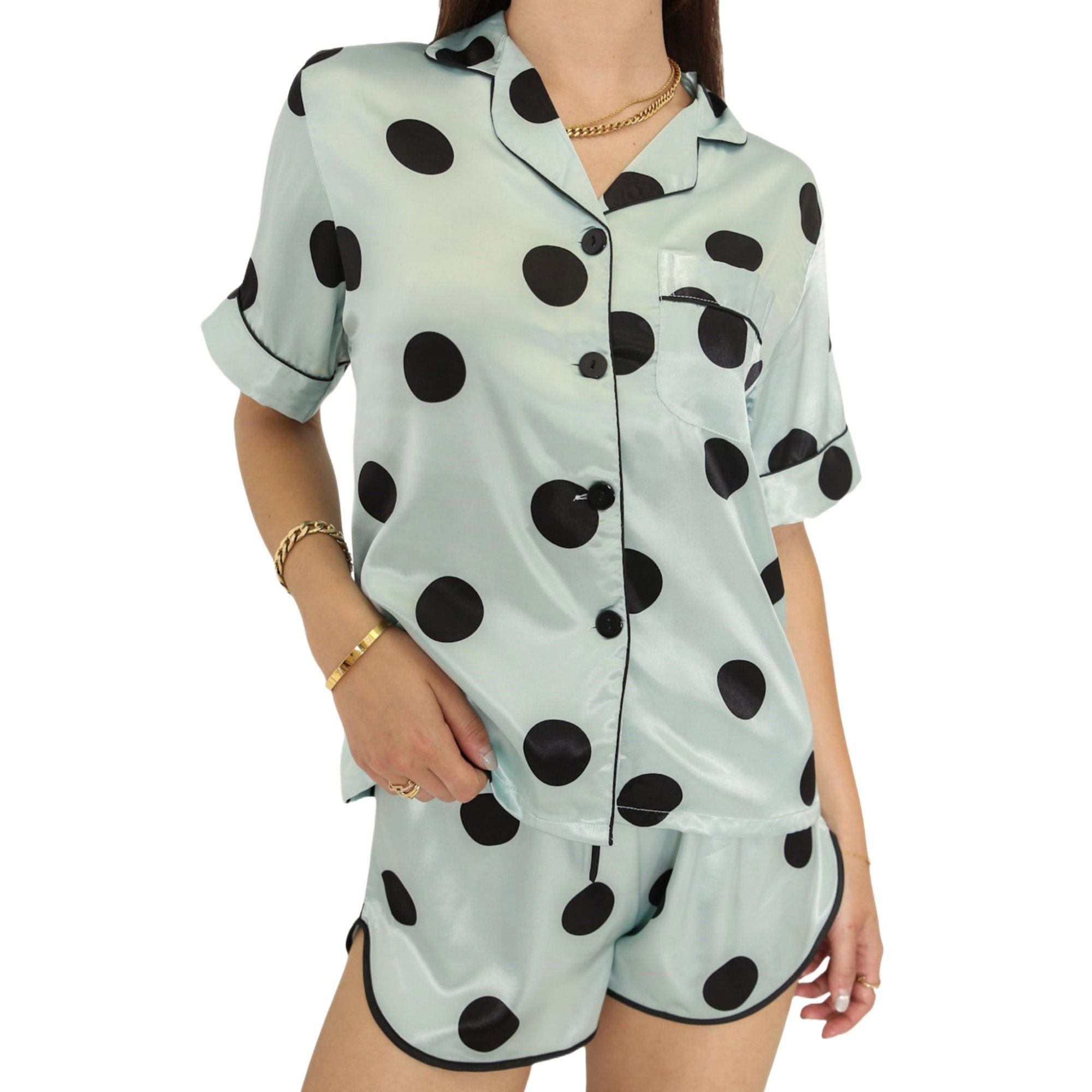 Anna-Kaci Women's Polka Dot Satin Pajama Set with Short Sleeve Button Top and Drawstring Shorts