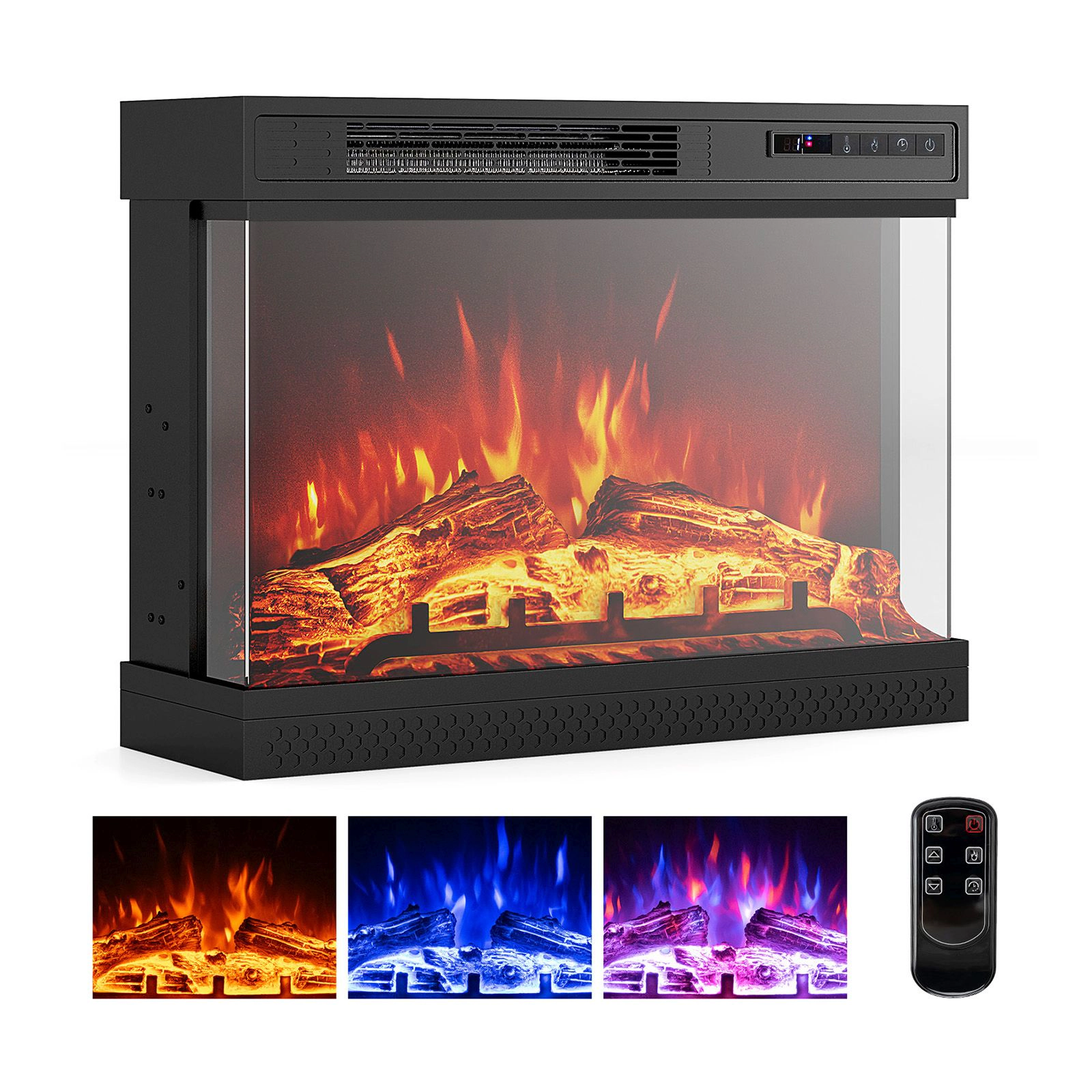 SlickBlue 24 Inch Electric Fireplace Heater with 3-Sided Glass