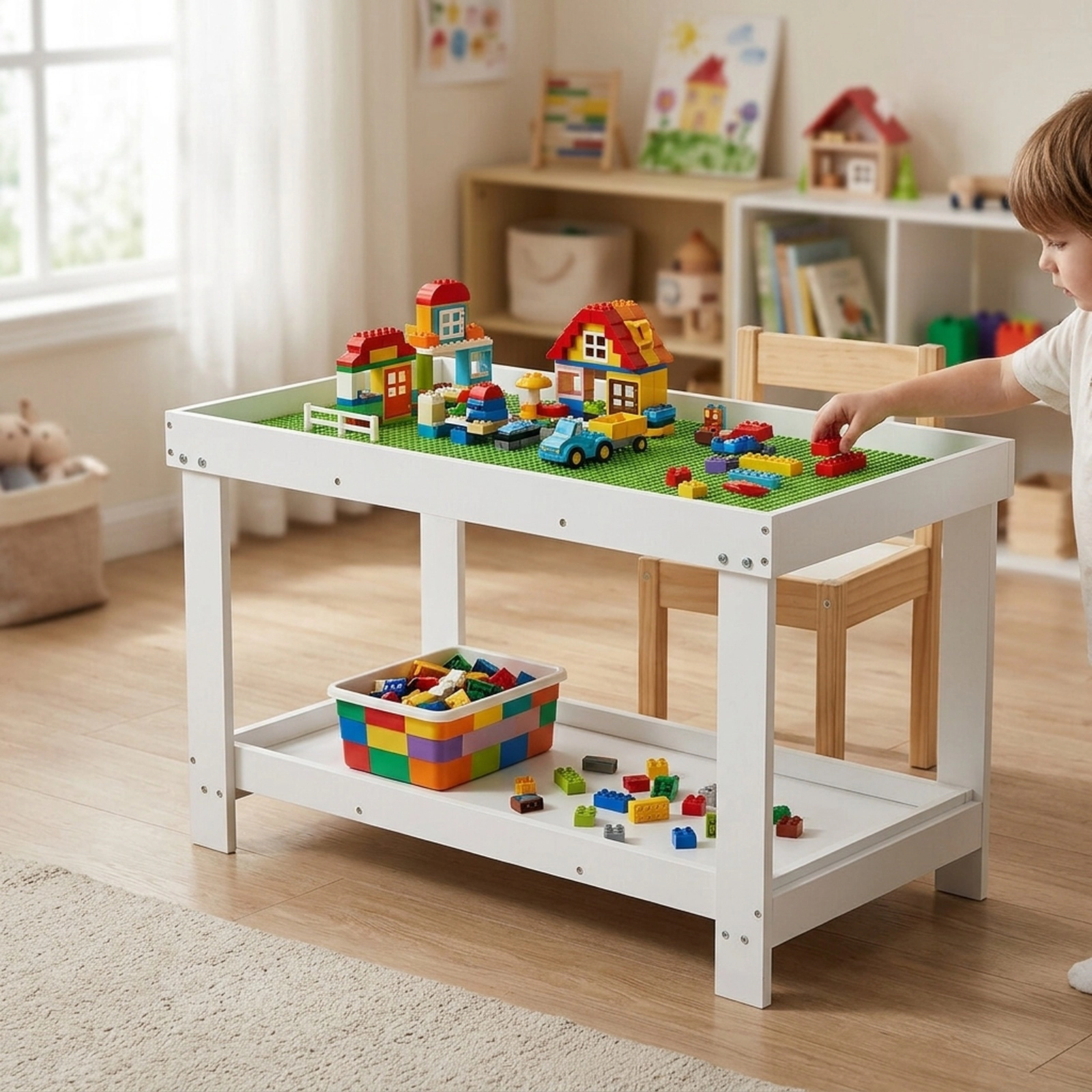 SUGIFT Kids Activity Table, White Solid Pine, 32.5 x 17 in, Removable Shelf