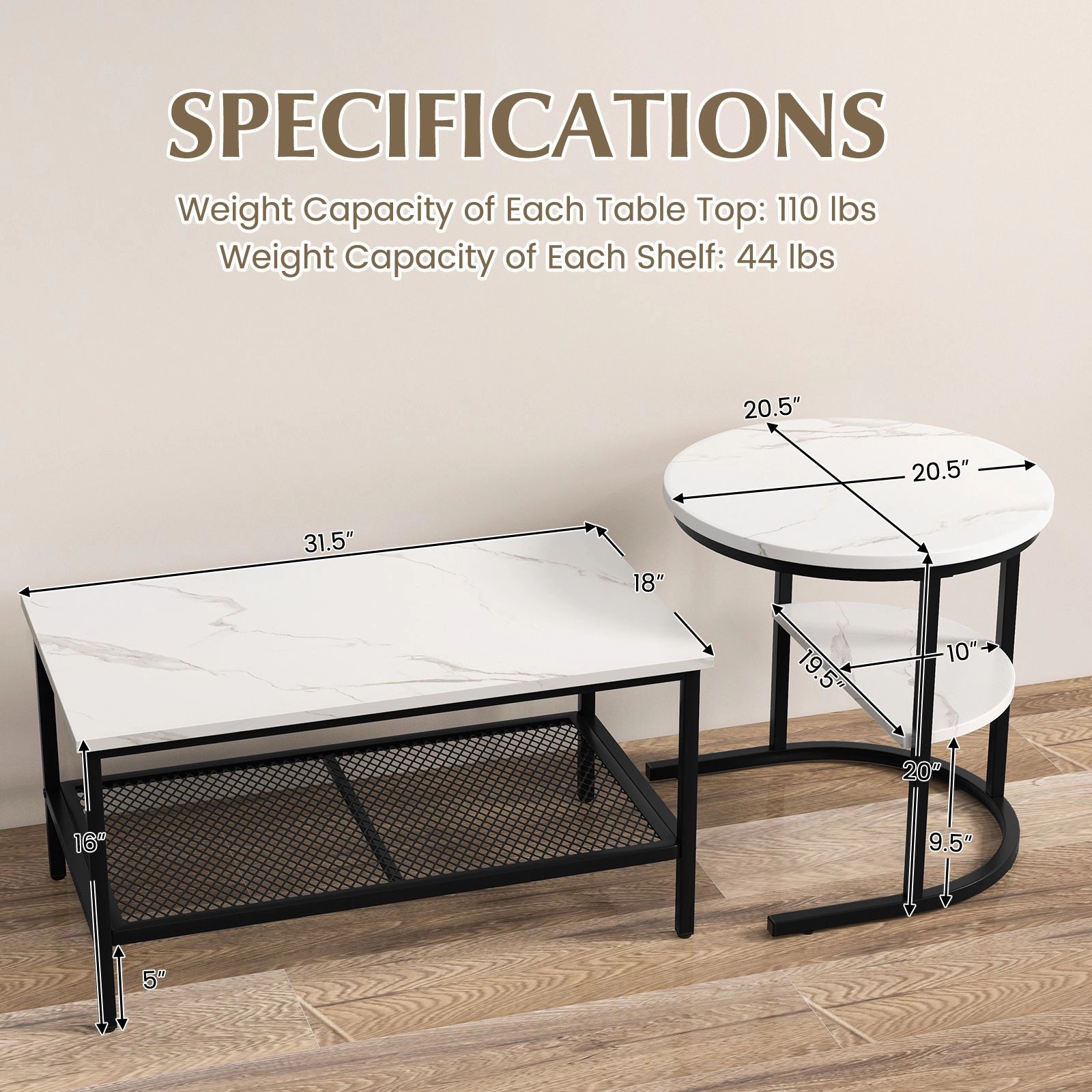 SlickBlue Nesting Coffee Table Set with Faux Marble Tops and Shelf