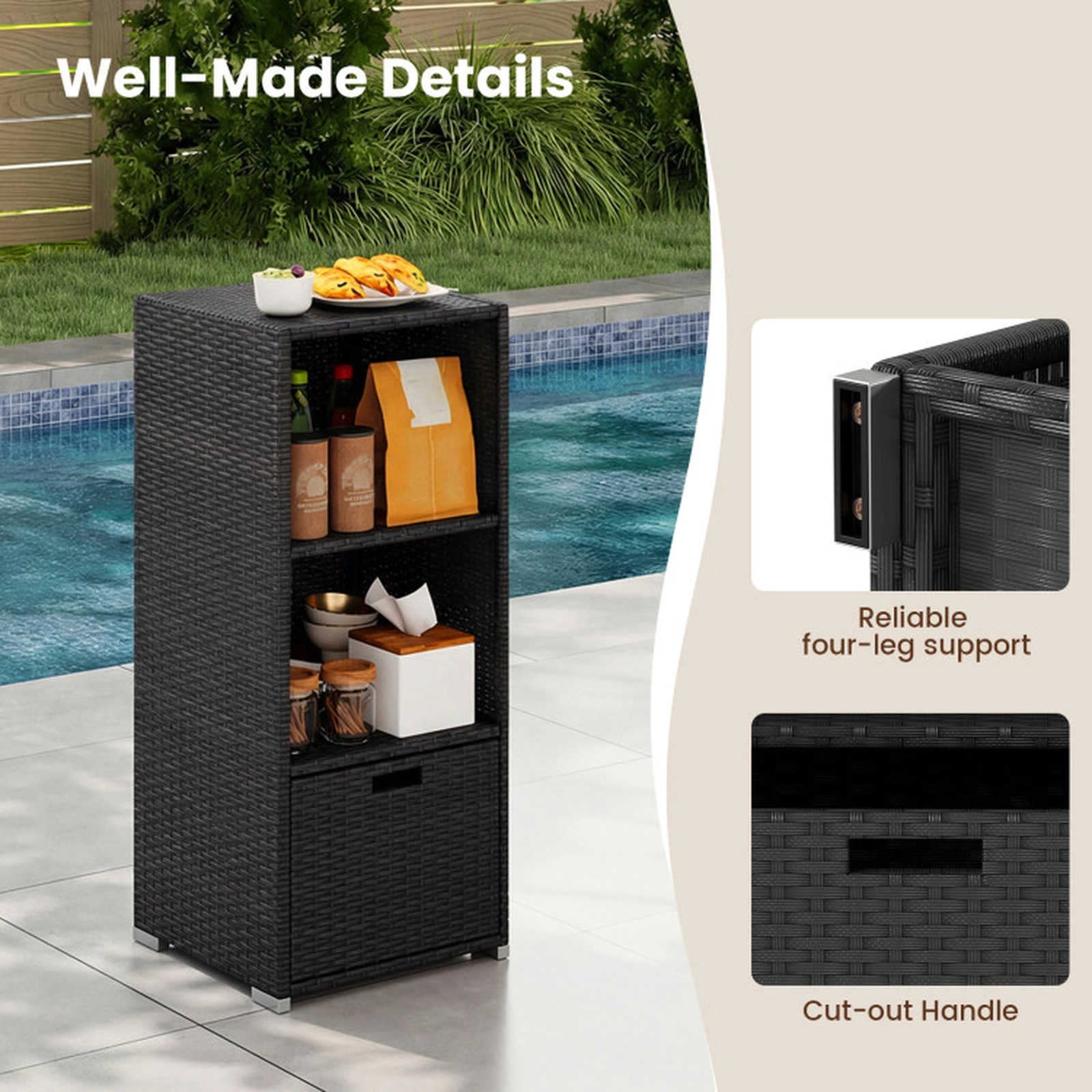 SUGIFT Hand-Woven PE Rattan Outdoor Storage Cabinet with 3 Shelves Countertop and Removable Drawer