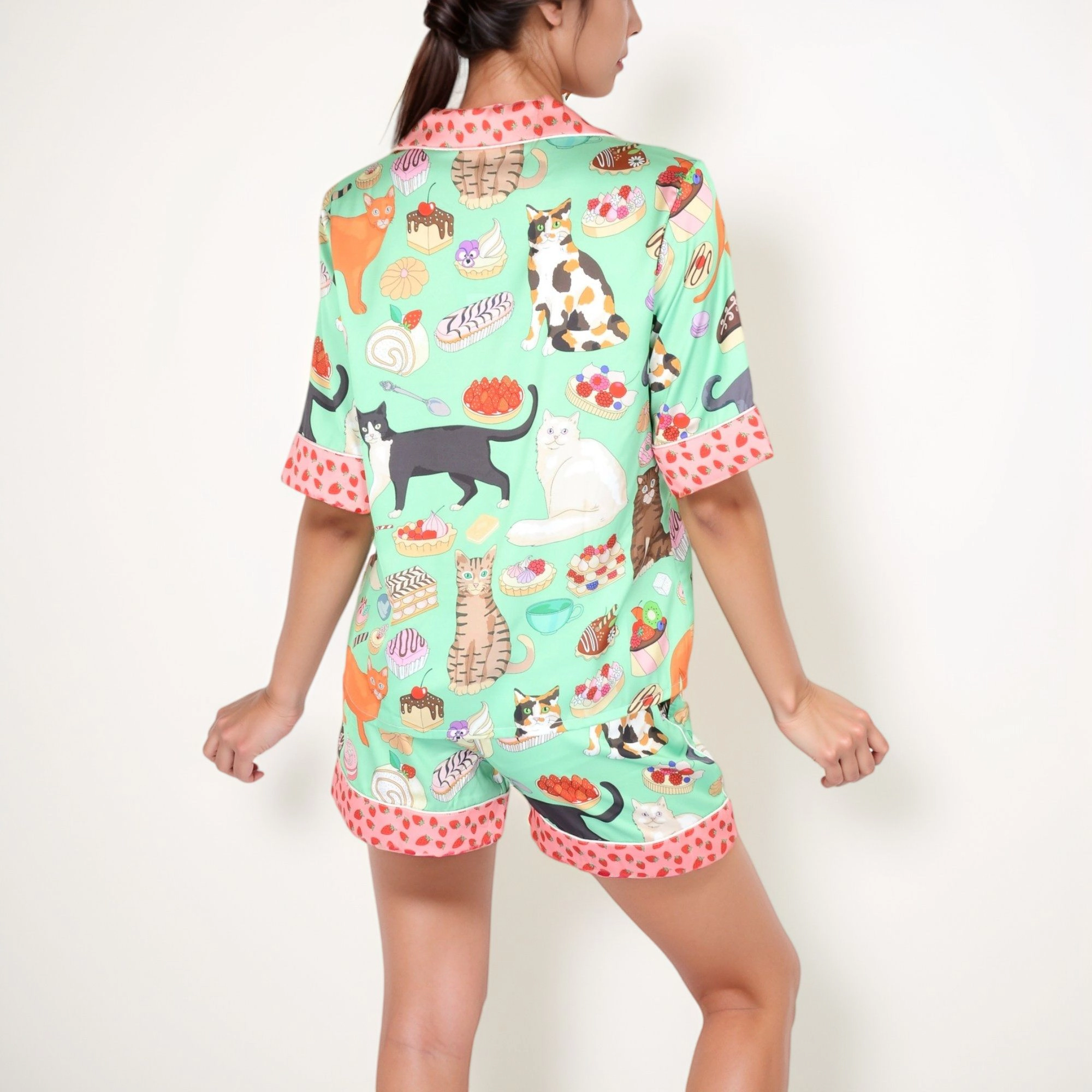 Anna-Kaci Women's Cat and Dessert Print Pajama Set with Short Sleeve Button Up Top and Strawberry Trim Shorts