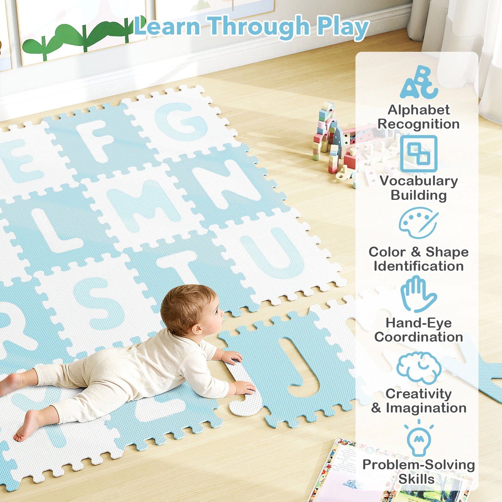 SUGIFT Blue 26-Piece 12.5-in Interlocking BPA-Free ABC Alphabet Foam Play Mat with Detachable Letters