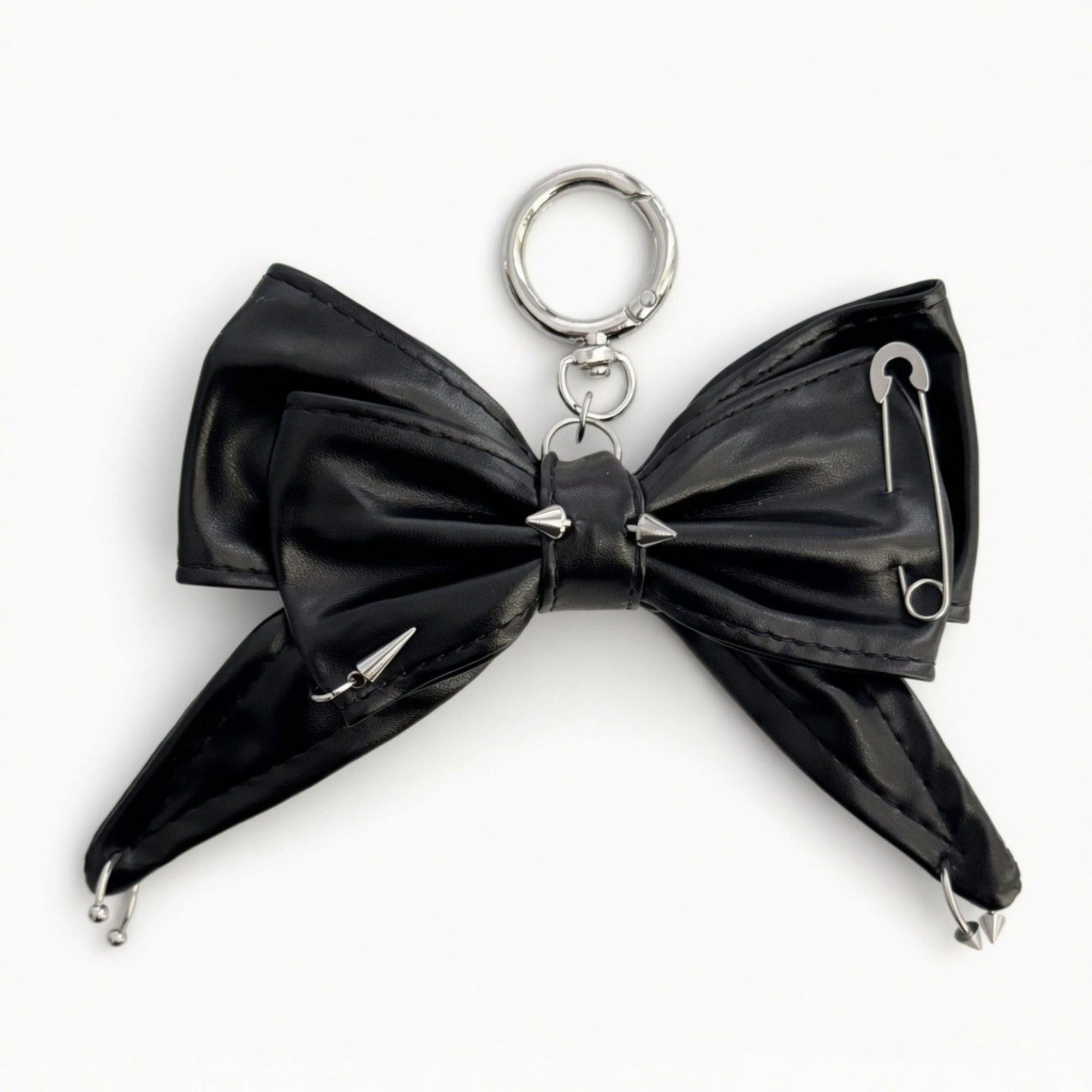 Alilang Women's Faux Leather Bow Keychain with Safety Pin Stud Detail Oversized Bow Bag Charm Key Ring Accessory