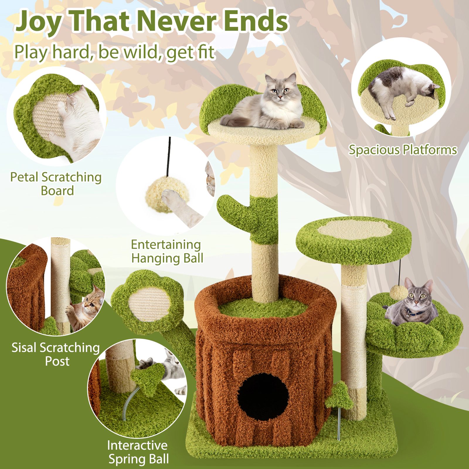 SUGIFT Trunk Condo Cat Tree Indoor Pet Jungle Activity Center 36-in Tall Flower Perches 22-lb Capacity Green + Brown