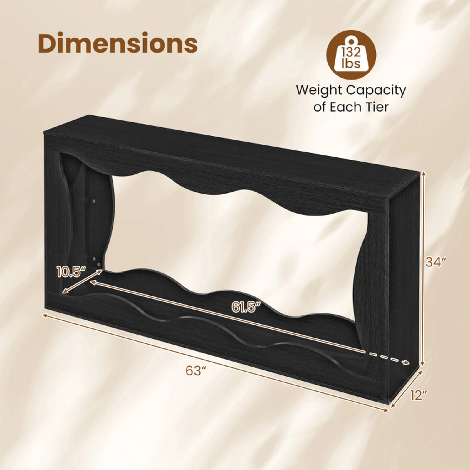 SUGIFT 63-in 2-Tier 132-lb Capacity Narrow Black Console Table with Wavy Cut-Out Edge and Open Bottom Shelf