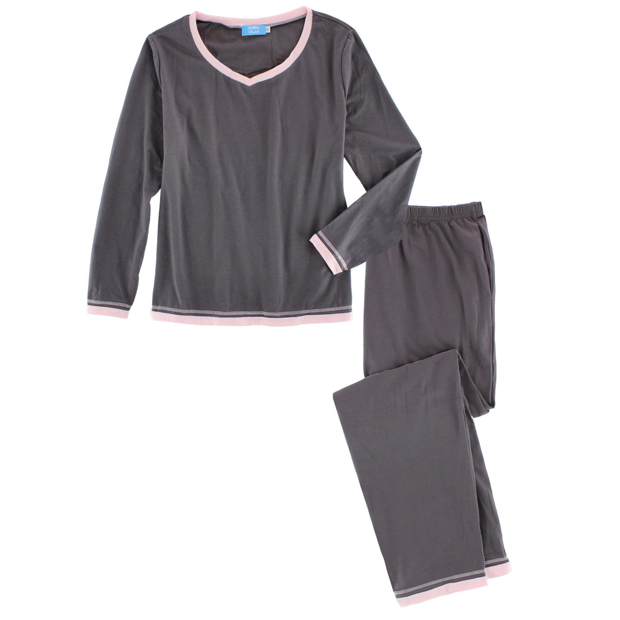 CTM Women's Cotton Blend Long Sleeve V-Neck Pajama Set