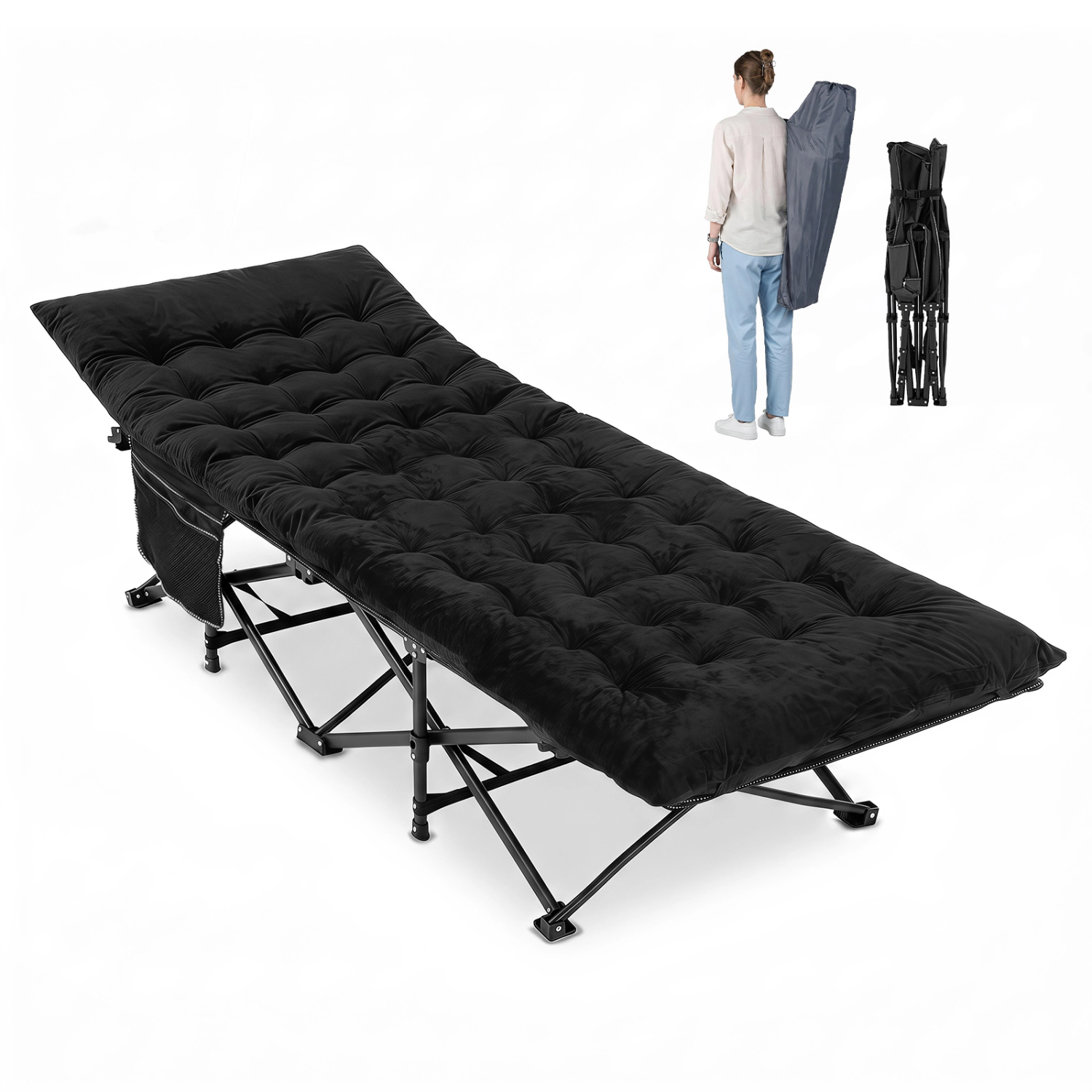 LJG Camping Cot for Adults with Soft Padded Mat and Carrying Bag