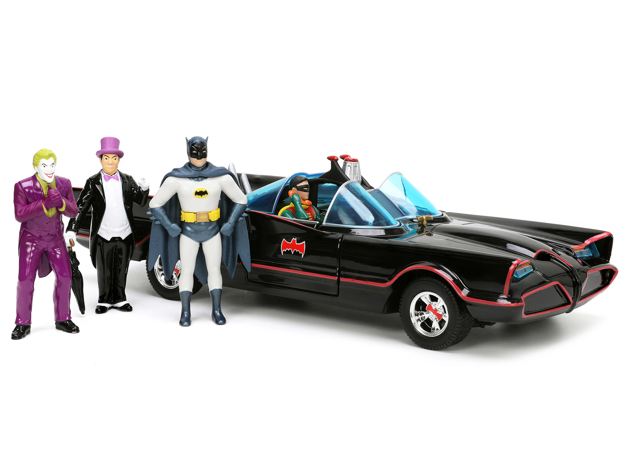 Jada 1966 Classic Batmobile with Diecast Batman The Joker The Penguin and Plastic Robin Sitting Inside The Car