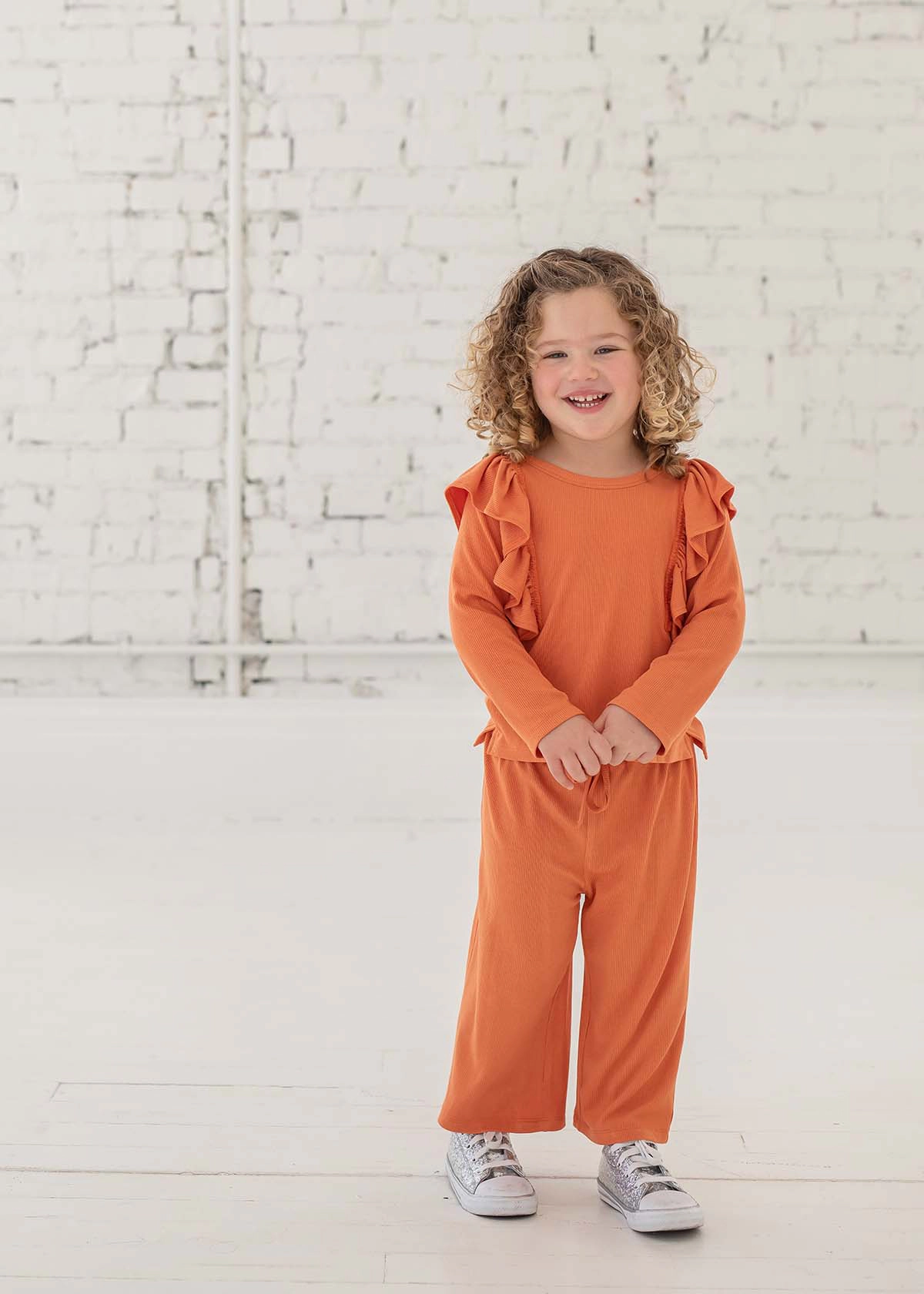 Mabel and Honey Candy Land Ribbed Knit Two-Piece Set, Long-Sleeve Ruffle Top Jogger Pant