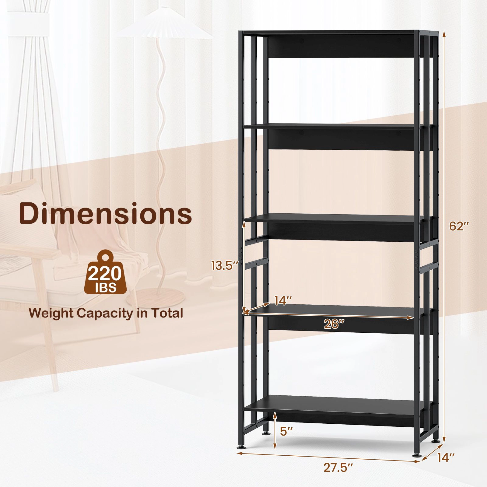 SlickBlue 5 Tier Industrial Bookshelf with Adjustable Shelves Metal Bookcase Rack