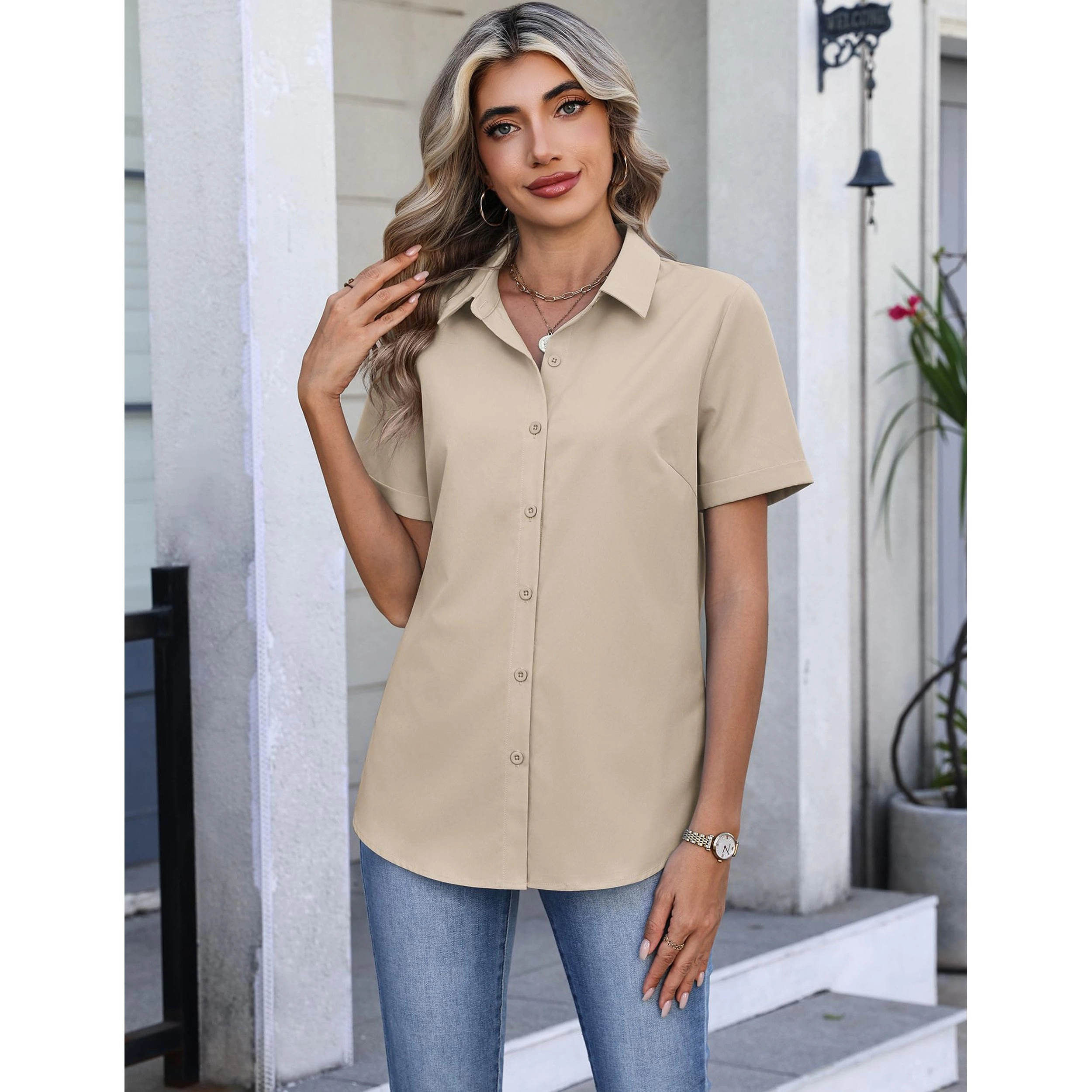 Zeagoo Womens Short Sleeve Fitted Button Down Shirts Office Business Casual Work Blouses