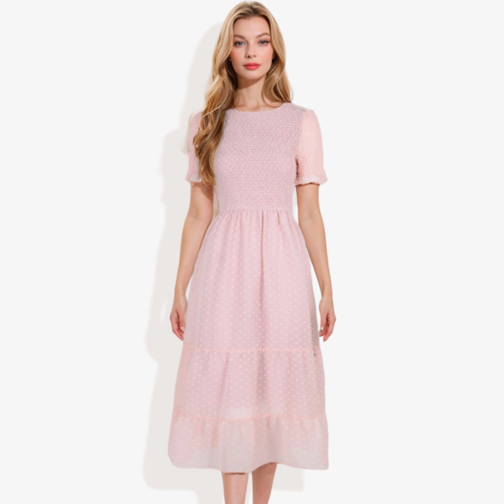 Anna-Kaci Women's Short Sleeve Smocked Dress with Swiss Dot and Ruffle Hem