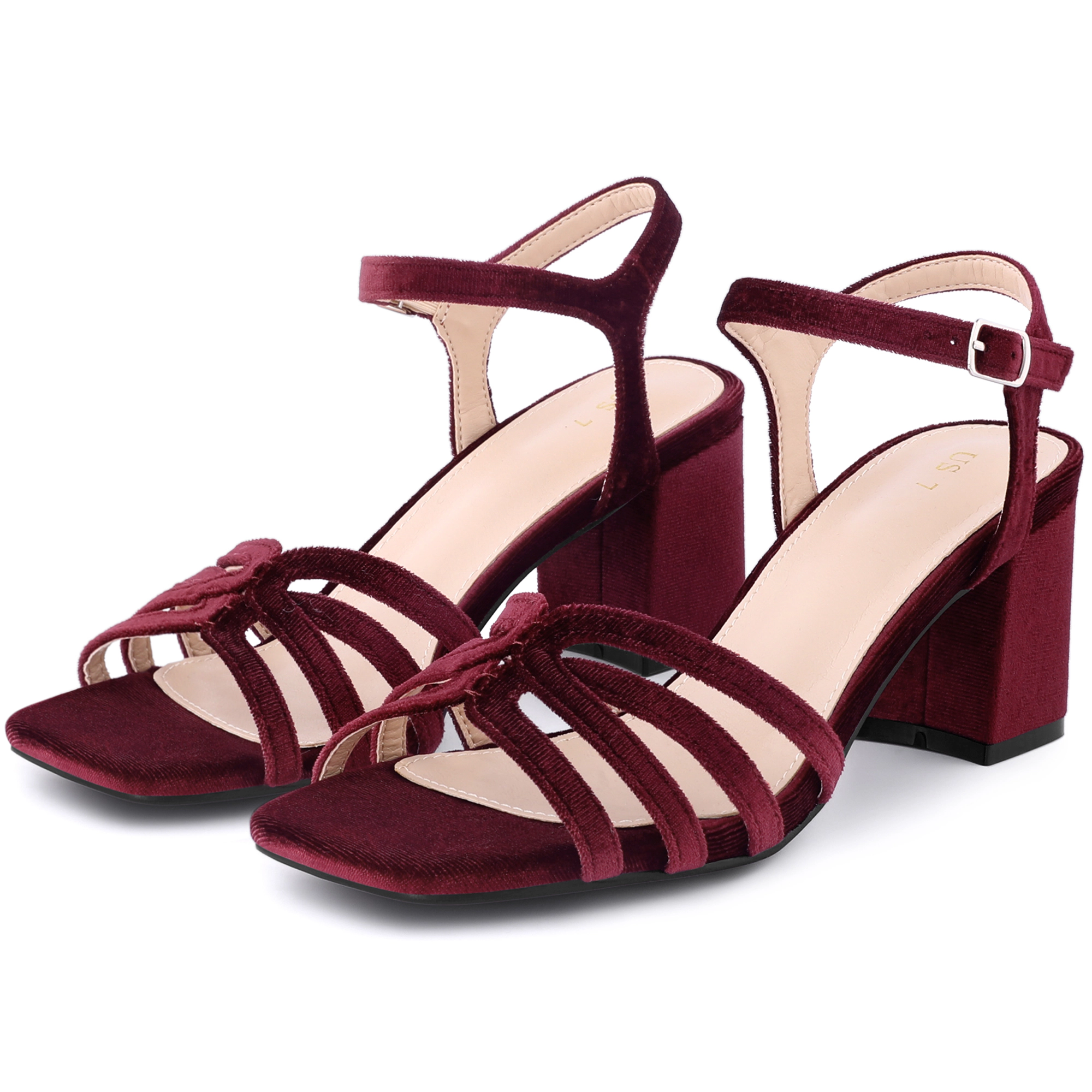 BLISSFUL STEP Women's Party Velvet Square Toe Slingback Chunky Heels Sandals