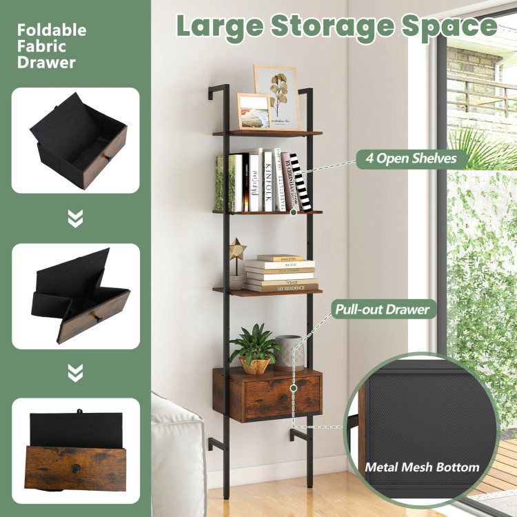 Hivvago 5-Tier Ladder Bookcase with Drawer and Metal Frame for Study Home Office