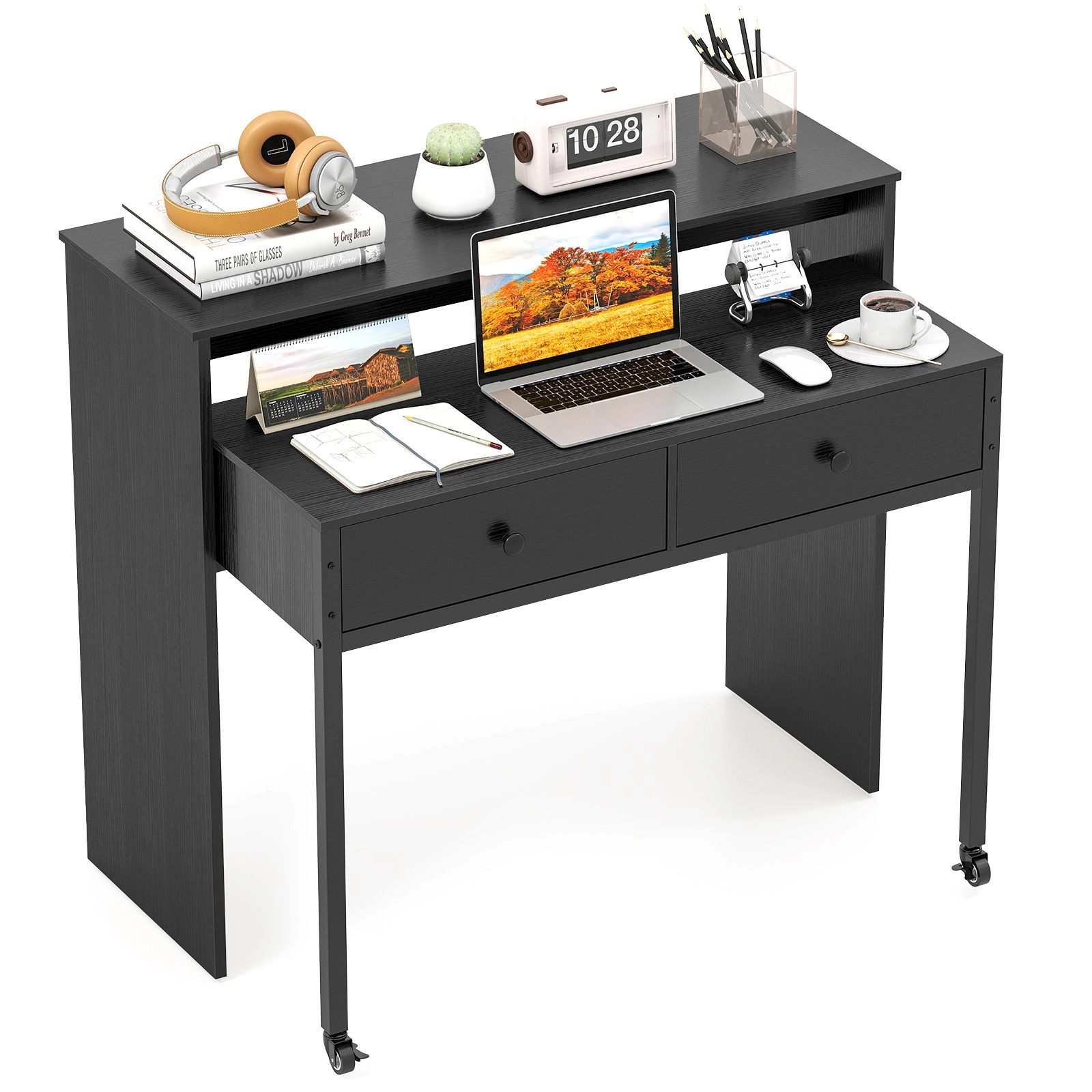 SlickBlue Extendable Computer Desk with 2 Drawers and Monitor Shelf