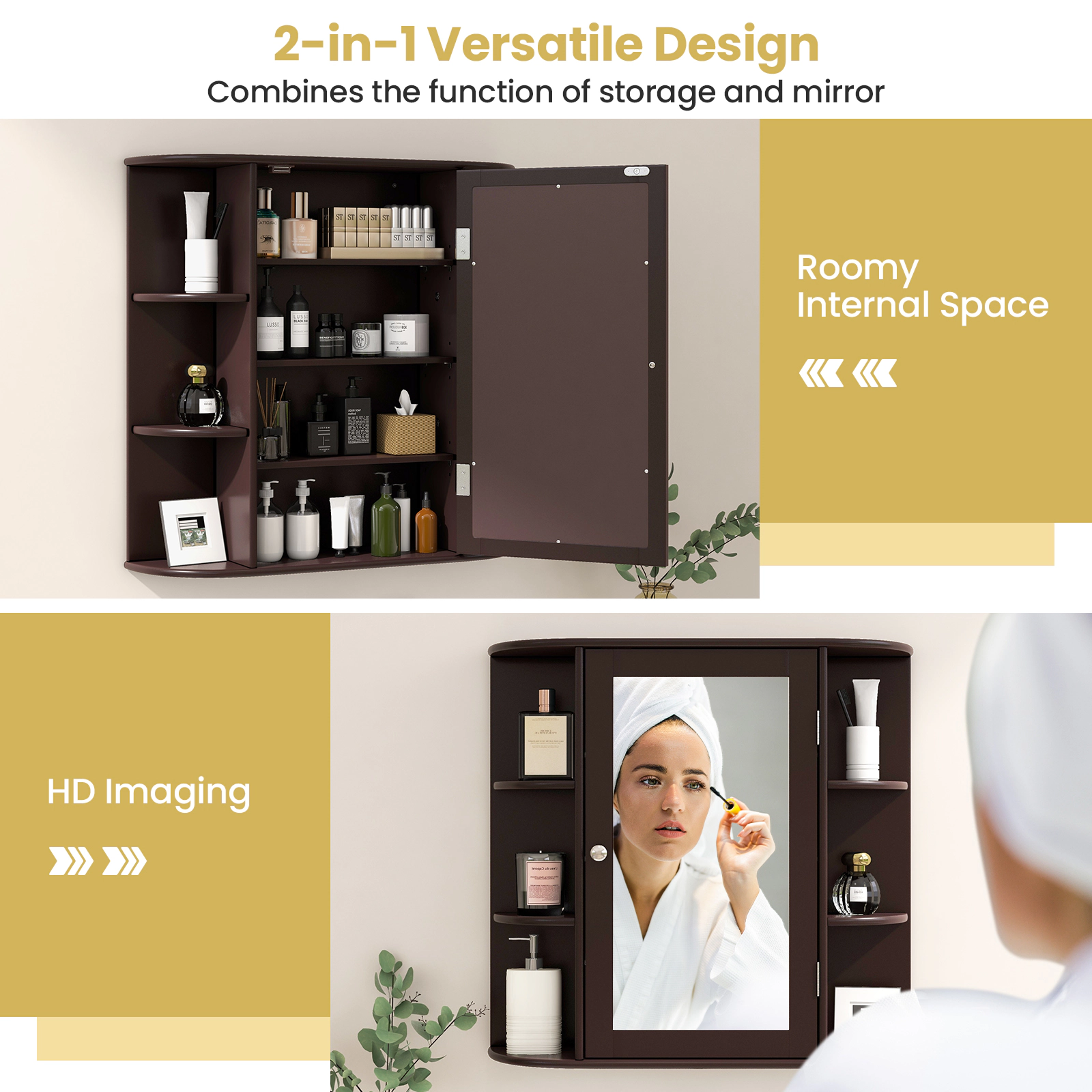 SUGIFT Wall-Mounted Bathroom Mirror Cabinet with Storage Shelves 44-lb Top Capacity 11-lb Shelves MDF 26-in Wide Brown
