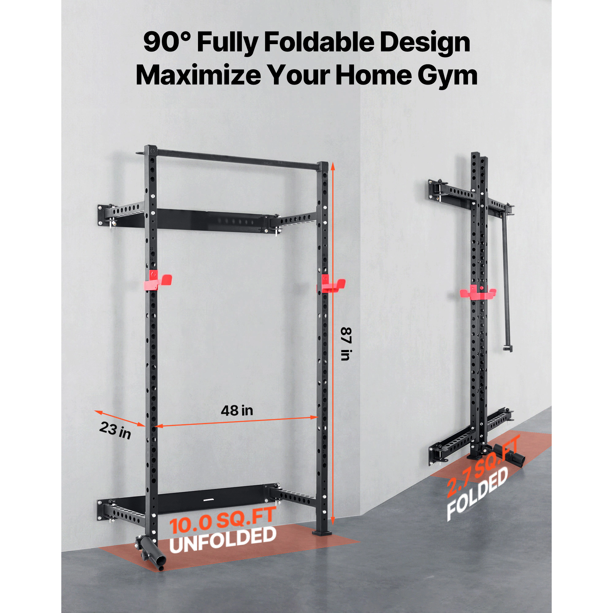 HONGGE Folding Wall-Mounted Power Cage Squat Rack, 1000 lbs Capacity with Pull-Up Bar for Home Gym