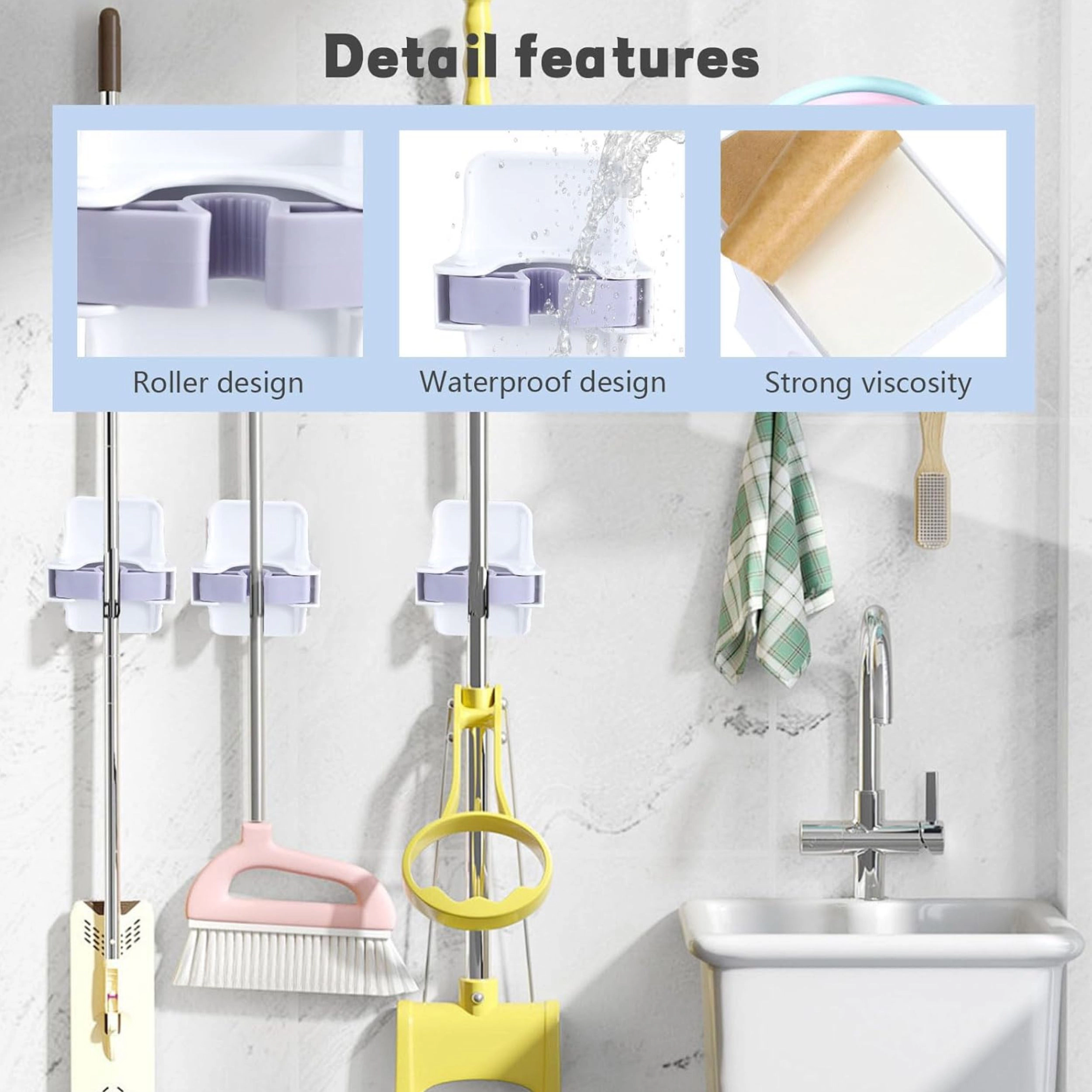 Stock Preferred Pack of 4 Self Adhesive Mop and Broom Holder Wall Mount Organizer
