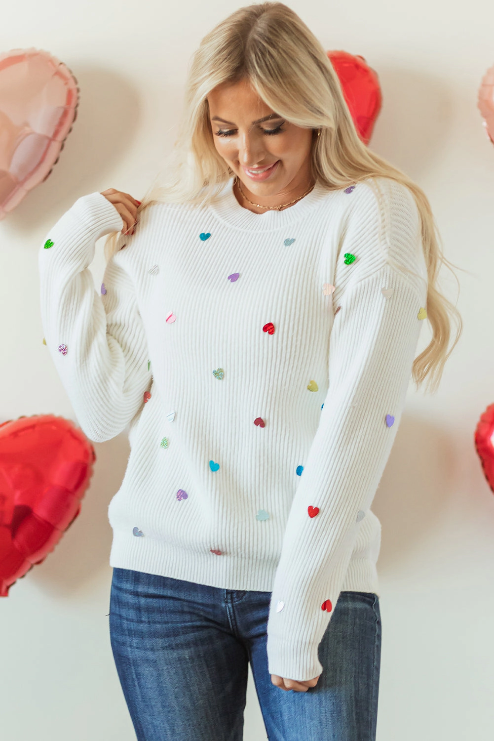 Threaded Pear Women's Sequin Heart Waffle Knit Sweater