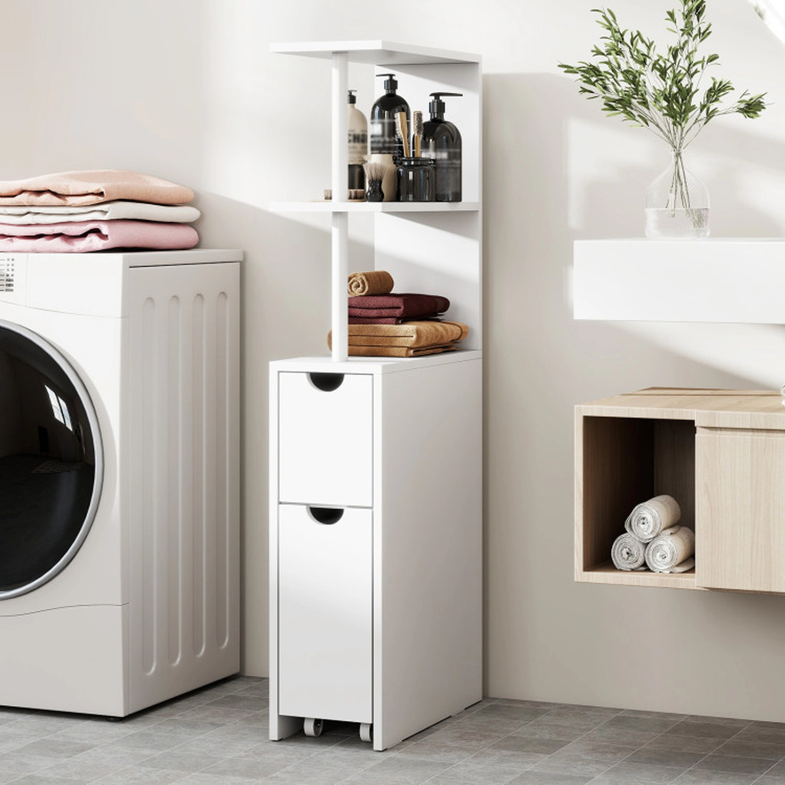 SUGIFT Slim 3 Open Shelves Drawer Slide-Out Cart Bathroom Storage Cabinet 18-in x 8-in x 45-in 66-lb Capacity White
