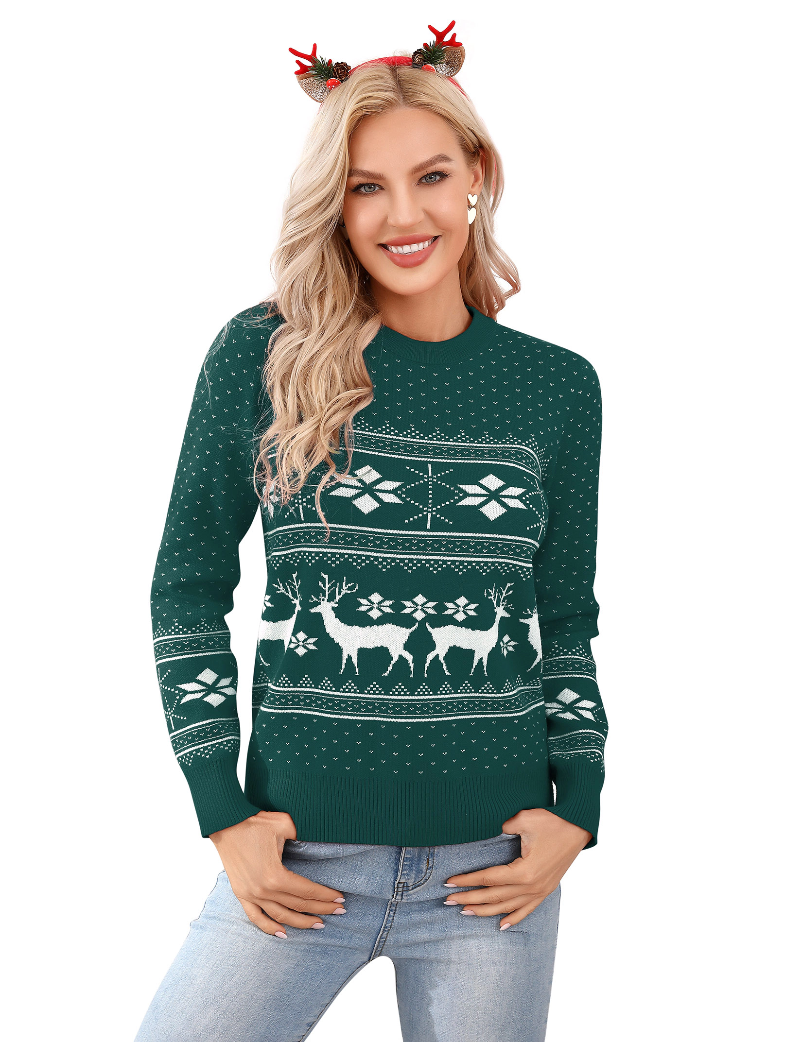 KOJOOIN Women Christmas Sweater Reindeer Snowflake Fair Isle Ugly Knit Pullover for Party Winter