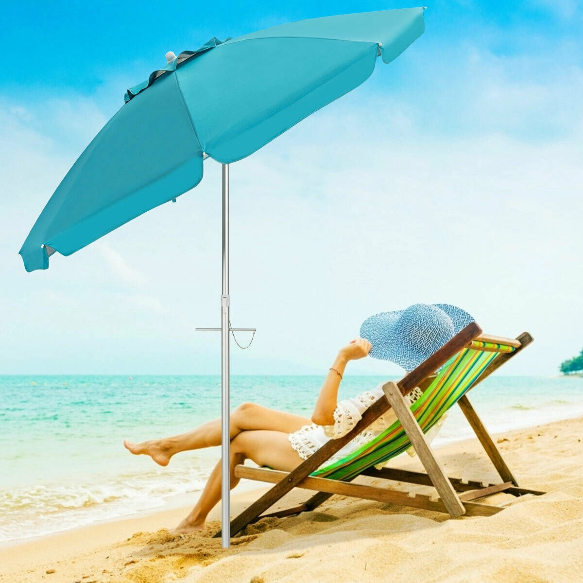 SUGIFT 6.5-ft Tilt Beach Umbrella with Sun Shade Sand Anchor & Carry Bag 3.5-lb Fiberglass Aluminum Polyester Frame Blue