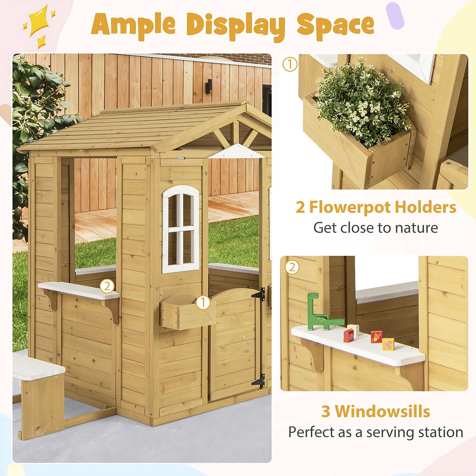 SUGIFT Natural and White Wooden Kids Playhouse with Bench Serving Window and Mailbox 80.5-in Tall 110-lb Seat