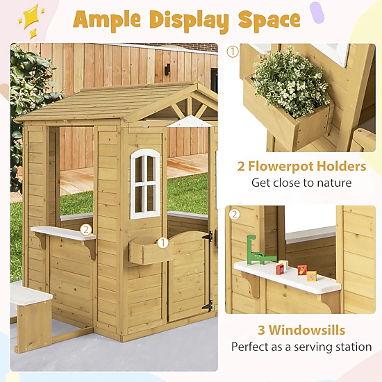 SUGIFT Kids Wooden Playhouse with Bench Serving Window and Mailbox 80.5-in Tall 110-lb Seat Natural and White