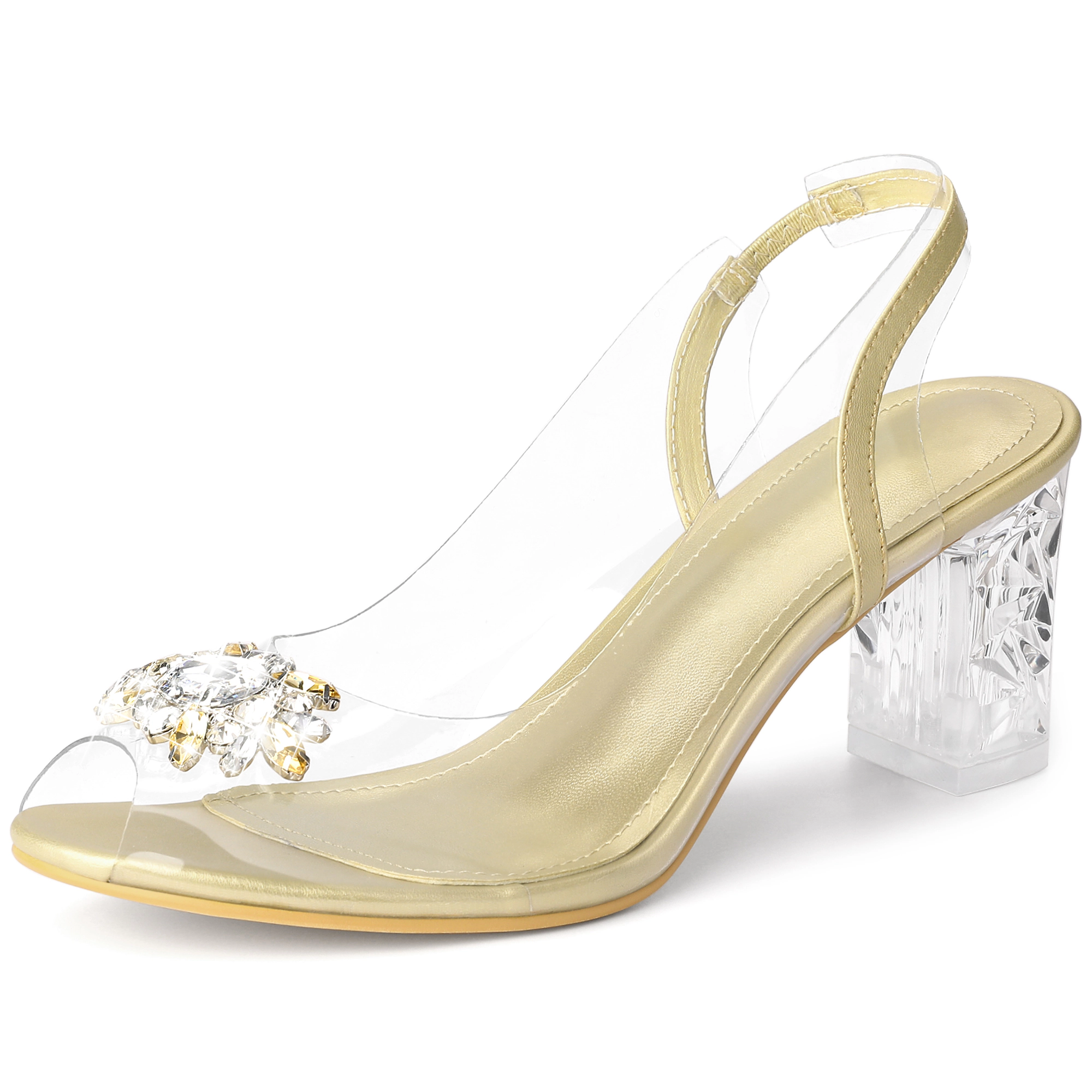 BLISSFUL STEP Women's Clear Slingback Rhinestone Peep Toe Block Heels Sandals