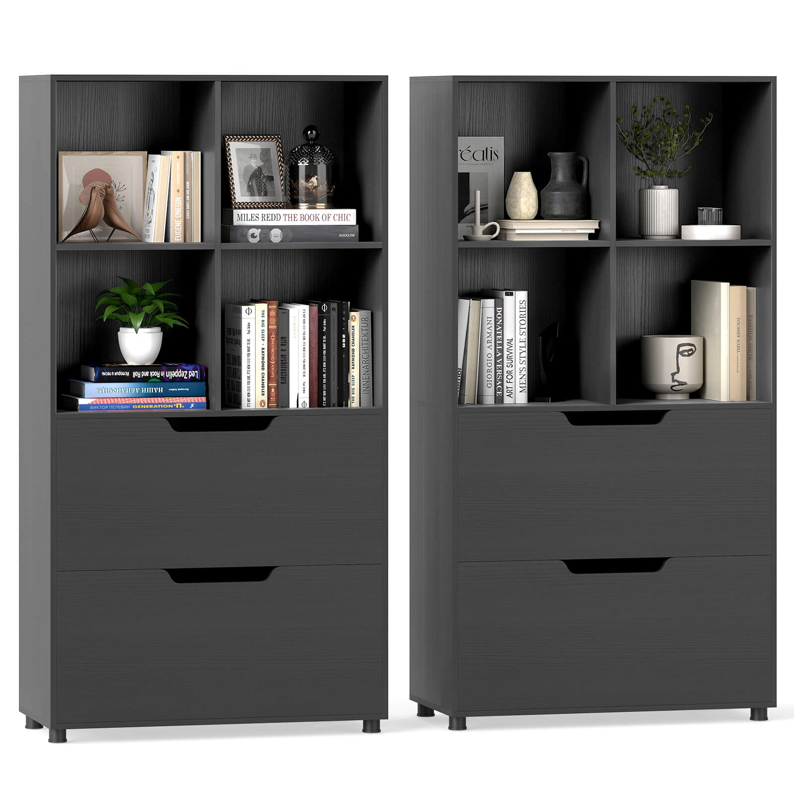 Costway 2 PCS 4-Cube Bookcase with Drawers, Tall Freestanding Bookshelf for Living Room Gray