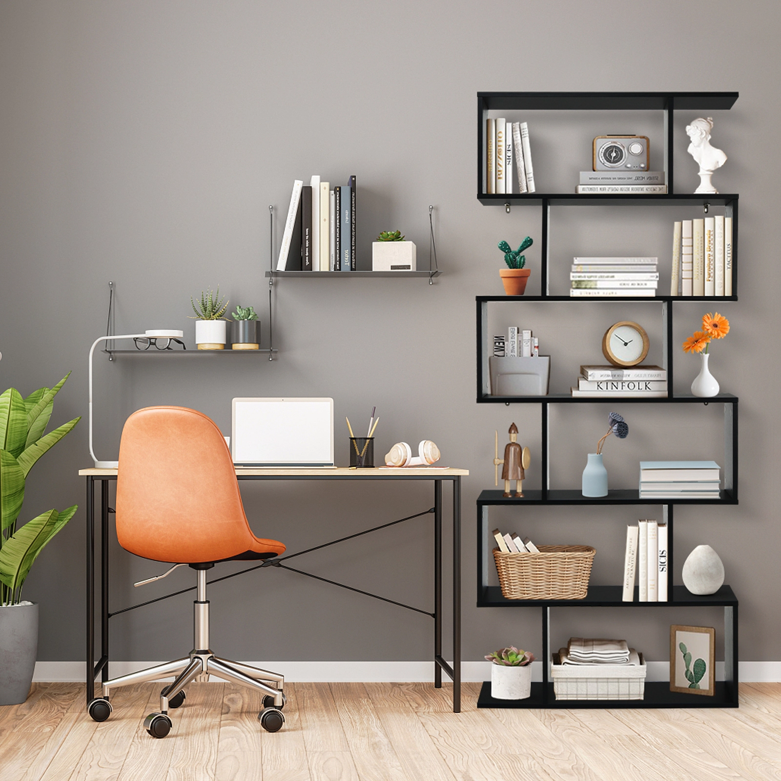 SUGIFT Black 6-Tier S-Shaped Bookshelf 75 in Tall Z-Shelf Display Bookcase