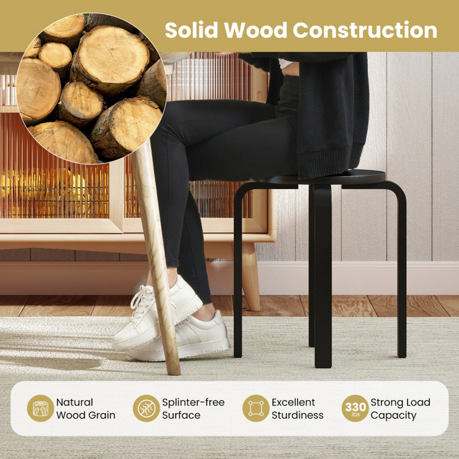 SUGIFT Set of 4 Black Backless Stackable Wood Dining Stools with 18-in Round Seat 16.5-in W 265-lb Per Stool