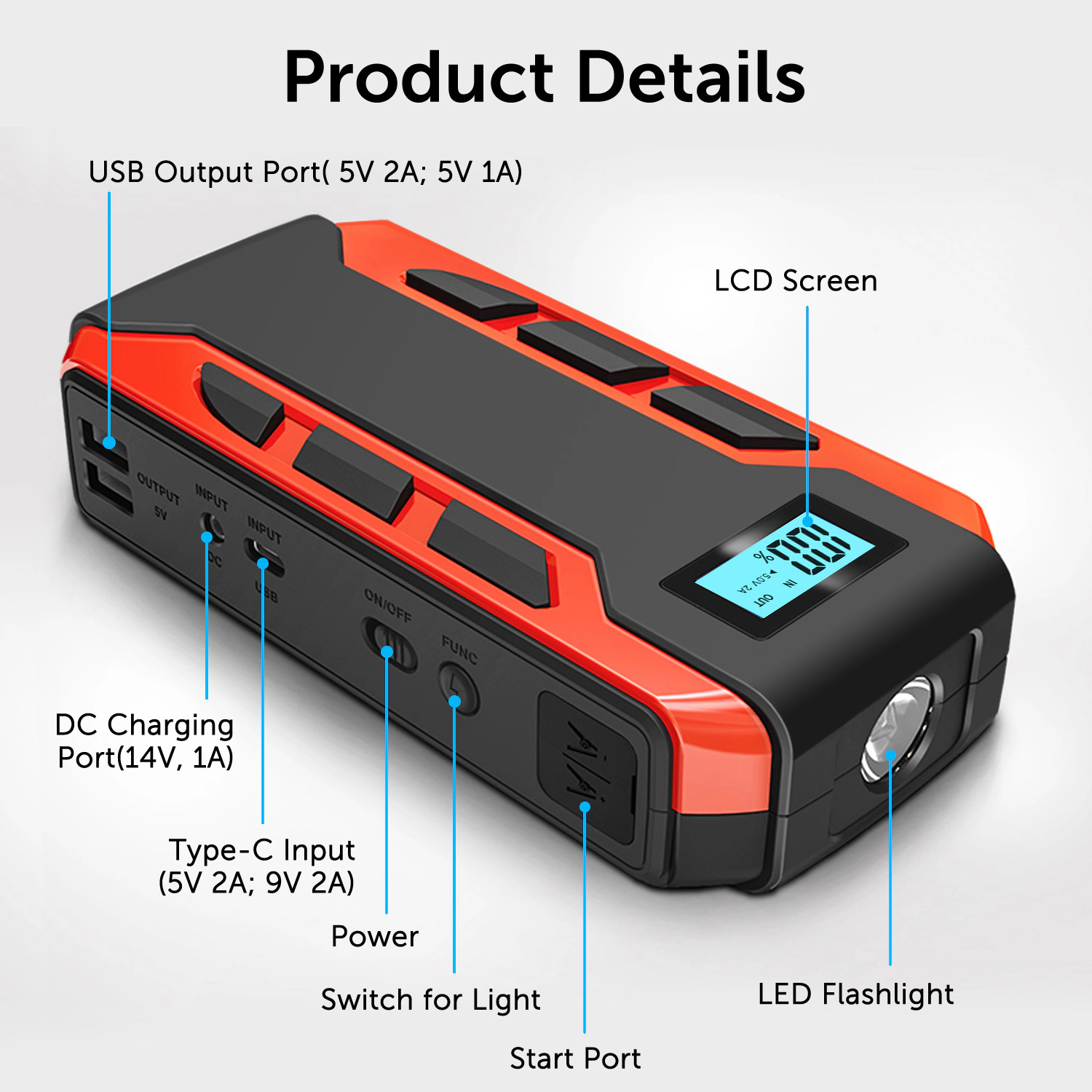 Alpha Digital 800A Peak, 10,000mAh, 6.0L Gas/3.0L Diesel - Car Jump Starter