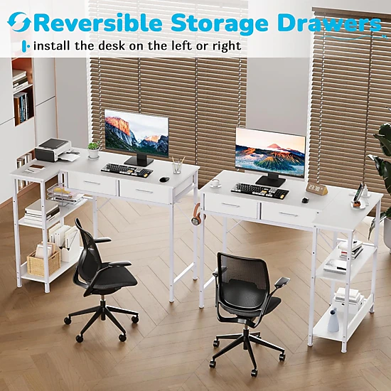 BebreezChic 40" Gaming Desk with Power Outlet, L-Shaped Computer Table, 3-Tier Shelves, 2 Drawers, Headphone Hook